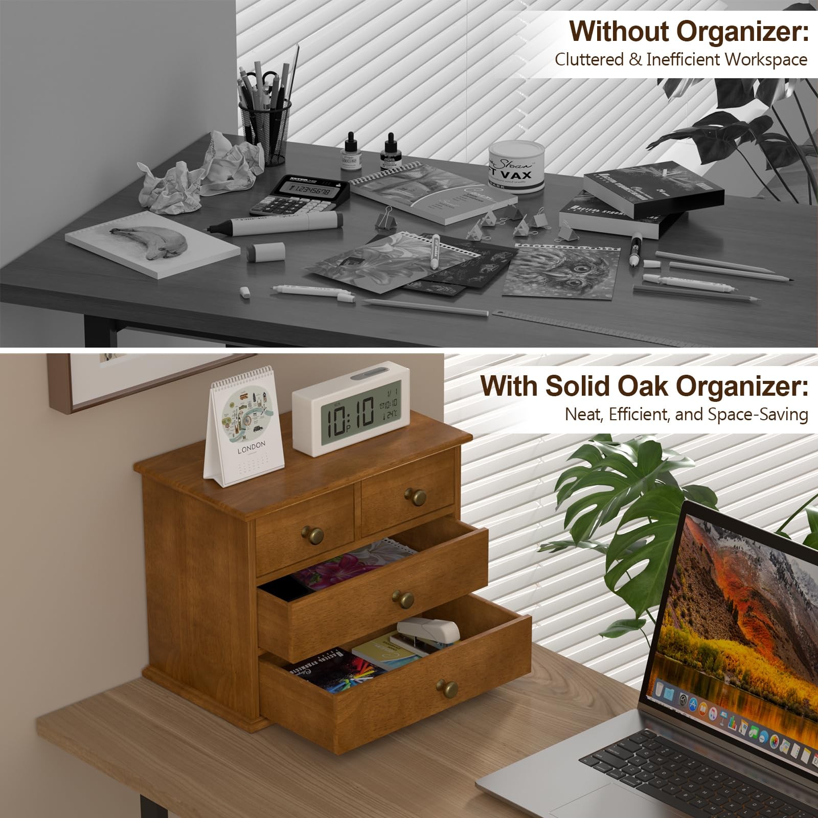 Walnut Oak Desk Organizer with 4 Drawers, Wooden Desktop Storage Box