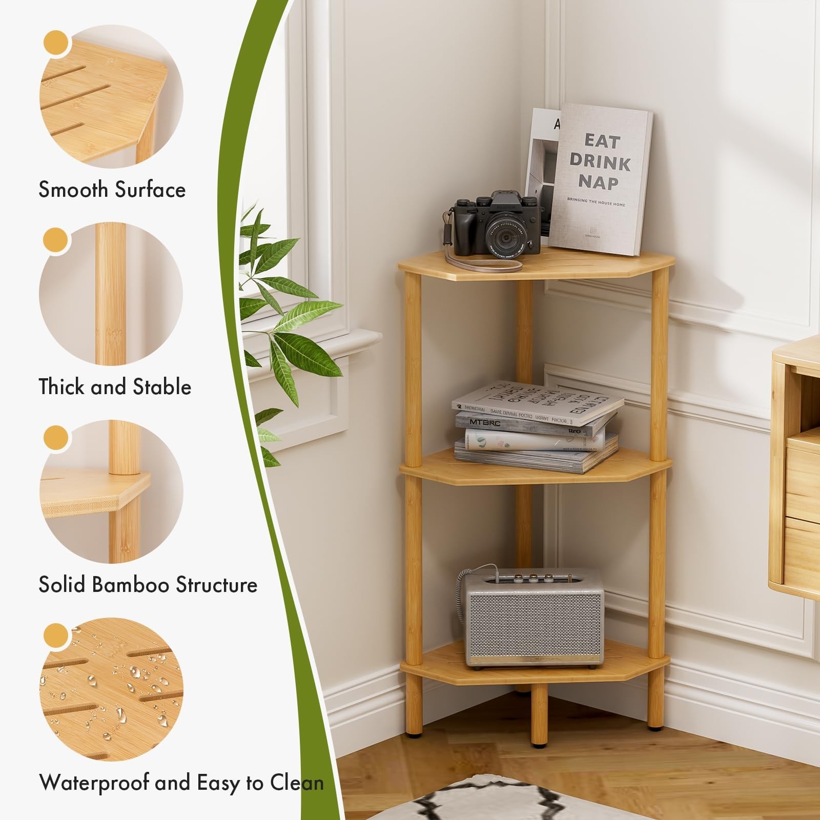 3 Tier Bamboo Corner Shelf, Storage Stand with Adjustable Feet, Small Space C…