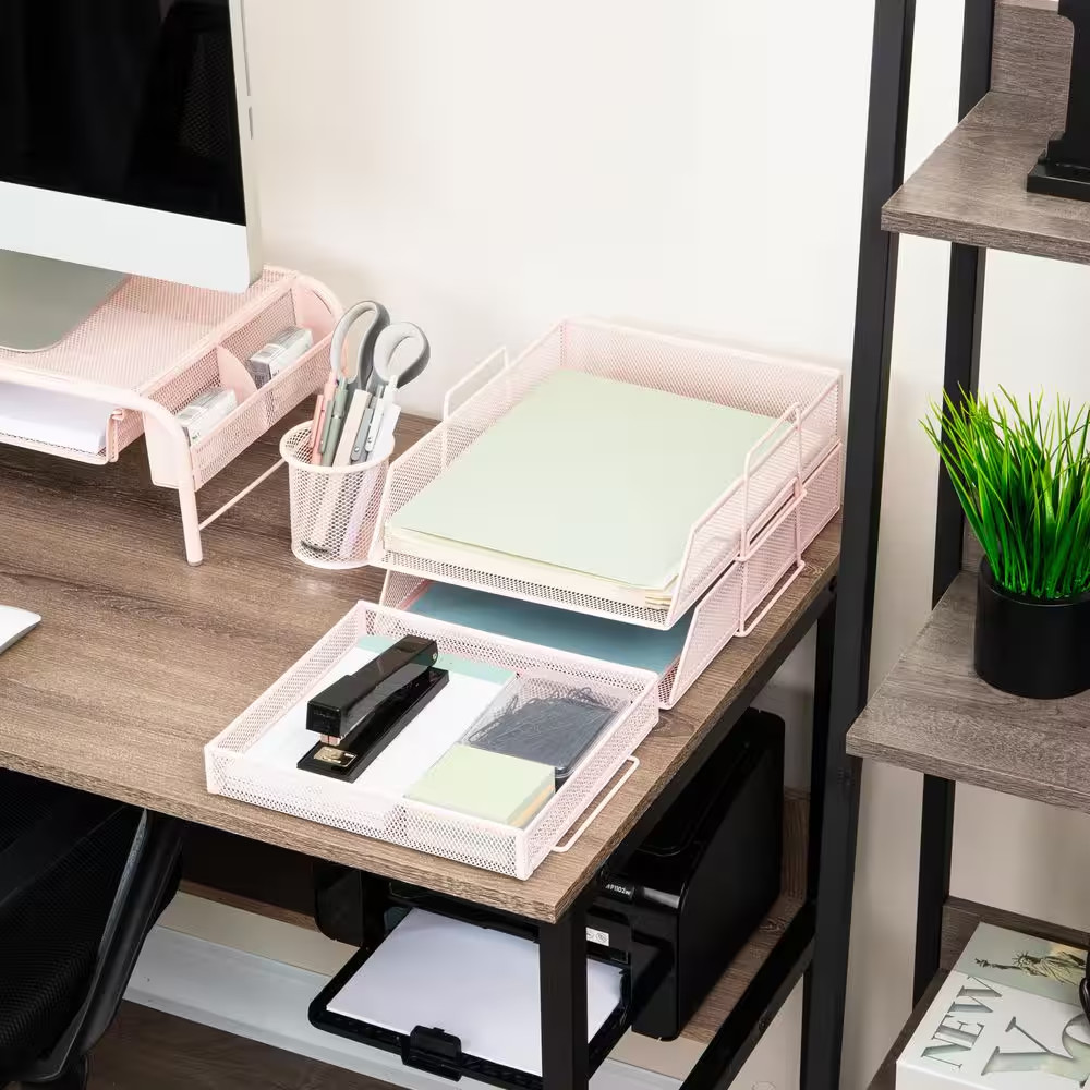 2 Tier Paper Tray with Top Supply Compartment, Desktop File Organizer, Metal Mes