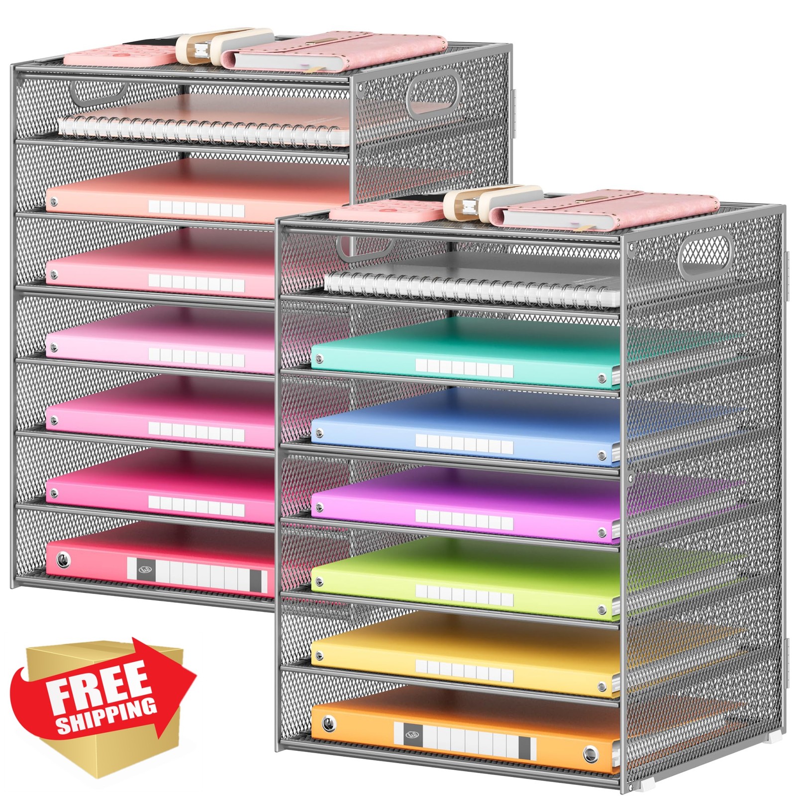 Lavatino 2 Pack 8-Tier Silver Mesh Desk File Organizer Tray With Handle