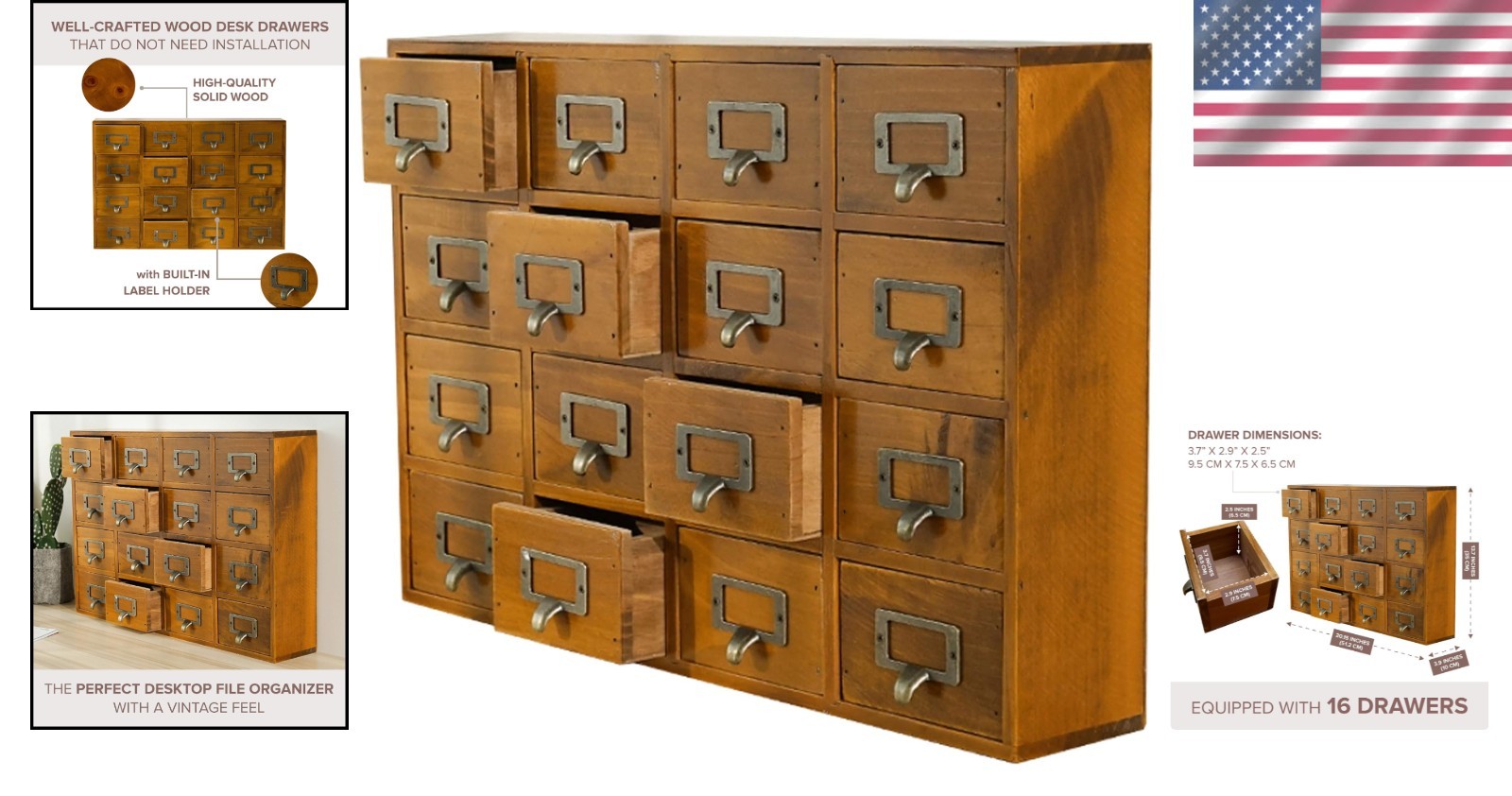 Rustic Wooden Desk Drawer Organizer – 16 Drawers Storage Box