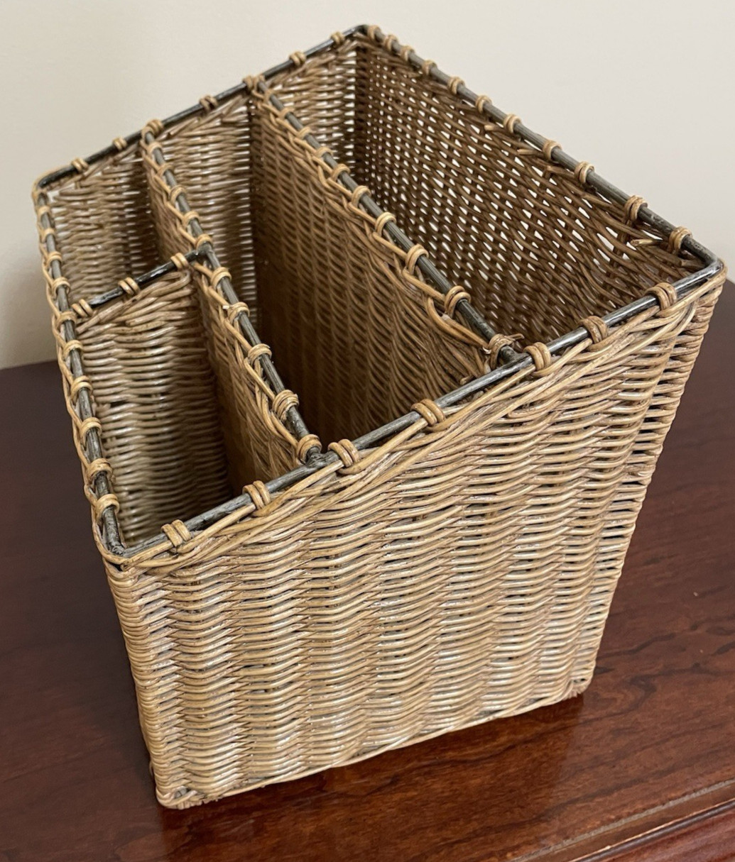 VTG Table Top Desk Mail Organizer Wicker Woven Wood, Metal Reinforced