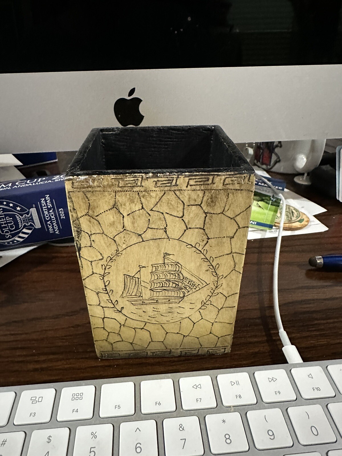 Vintage Wood Pencil/Pen Holder for desk, Square for Desktop or other areas