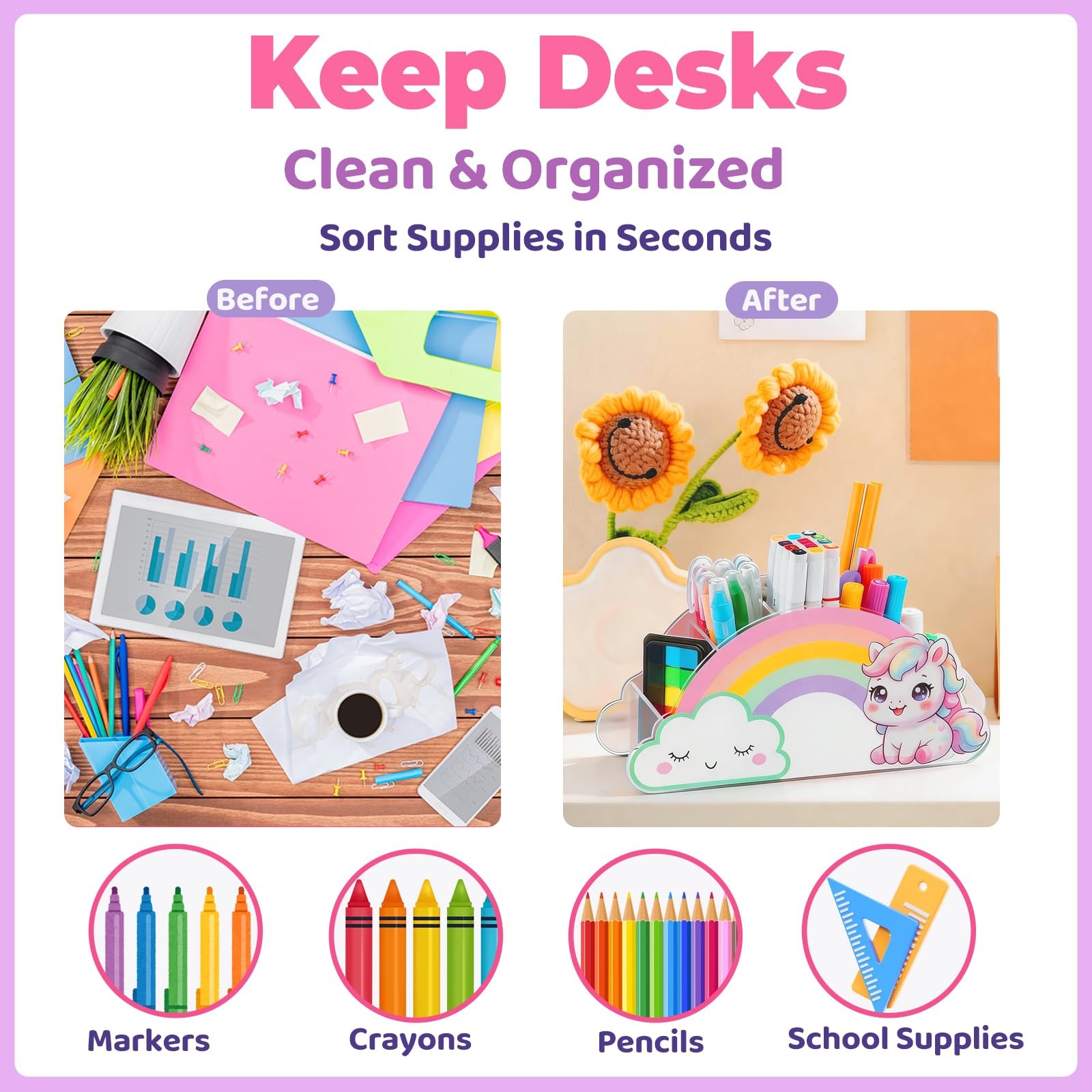 Kids Desk Organizer for Girls, Unicorn Pencil Holder with 5 Compartments, Mar…