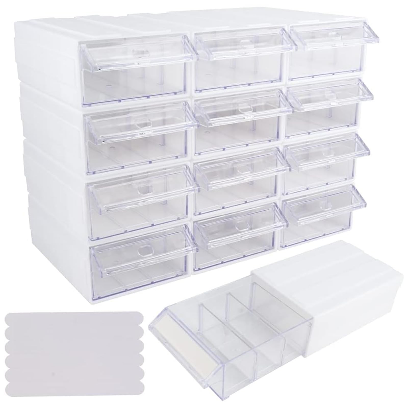 12 Pcs Drawer Stackable Storage Cabinet, White Plastic Organizer 12-Box-White