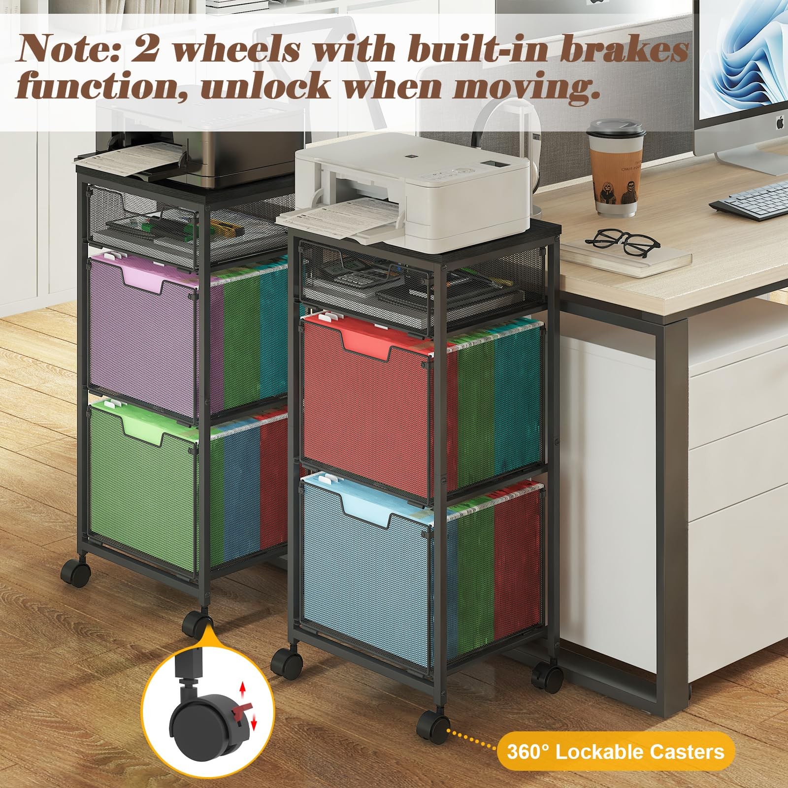 Sbanmao 3 Drawer Mobile File Cabinet for 1 Small + 2 Large Drawers, Black