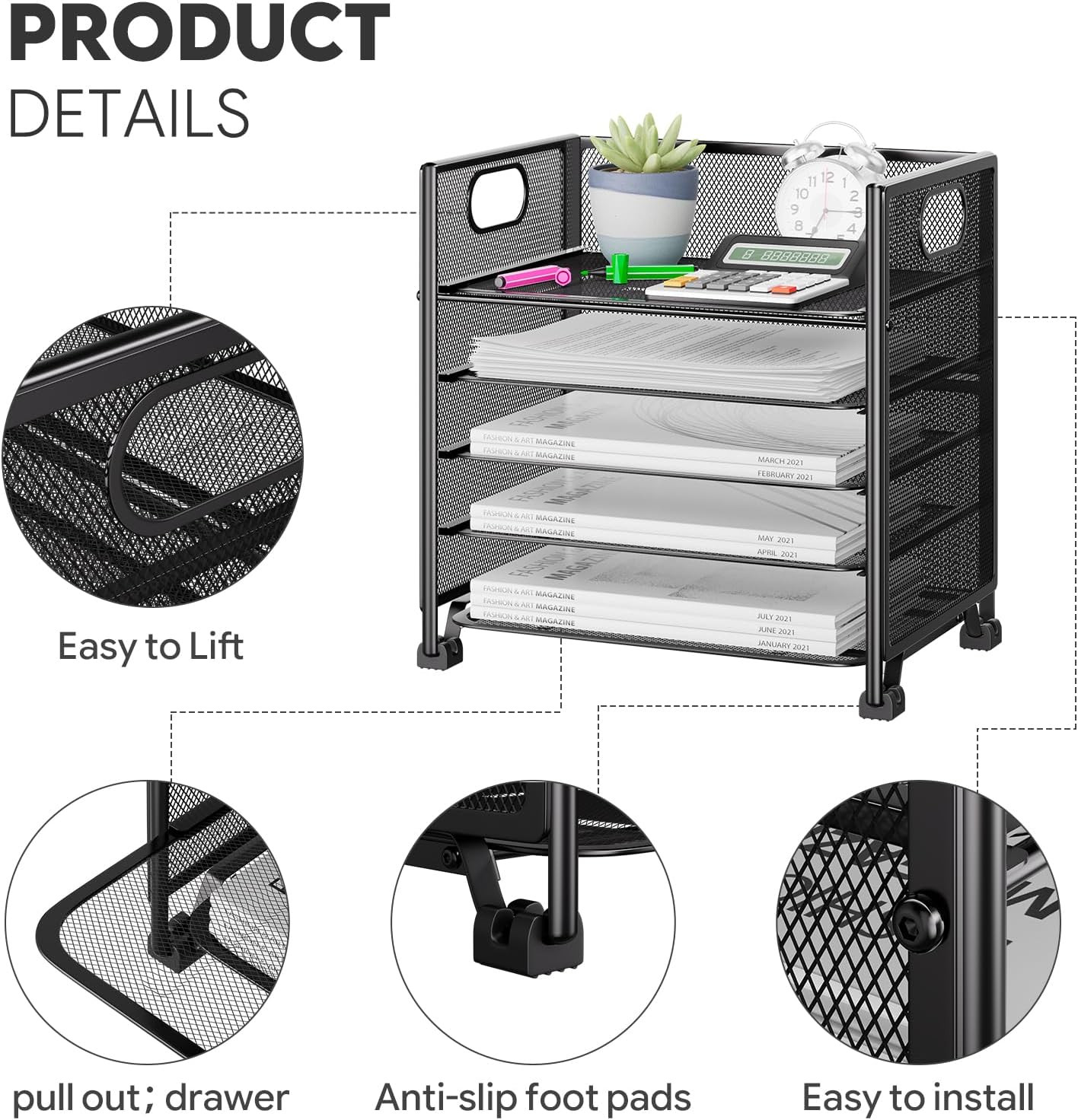 Simple Trending 5-Tier Letter Tray Organizer, Metal Mesh File Holder, Black | 5-