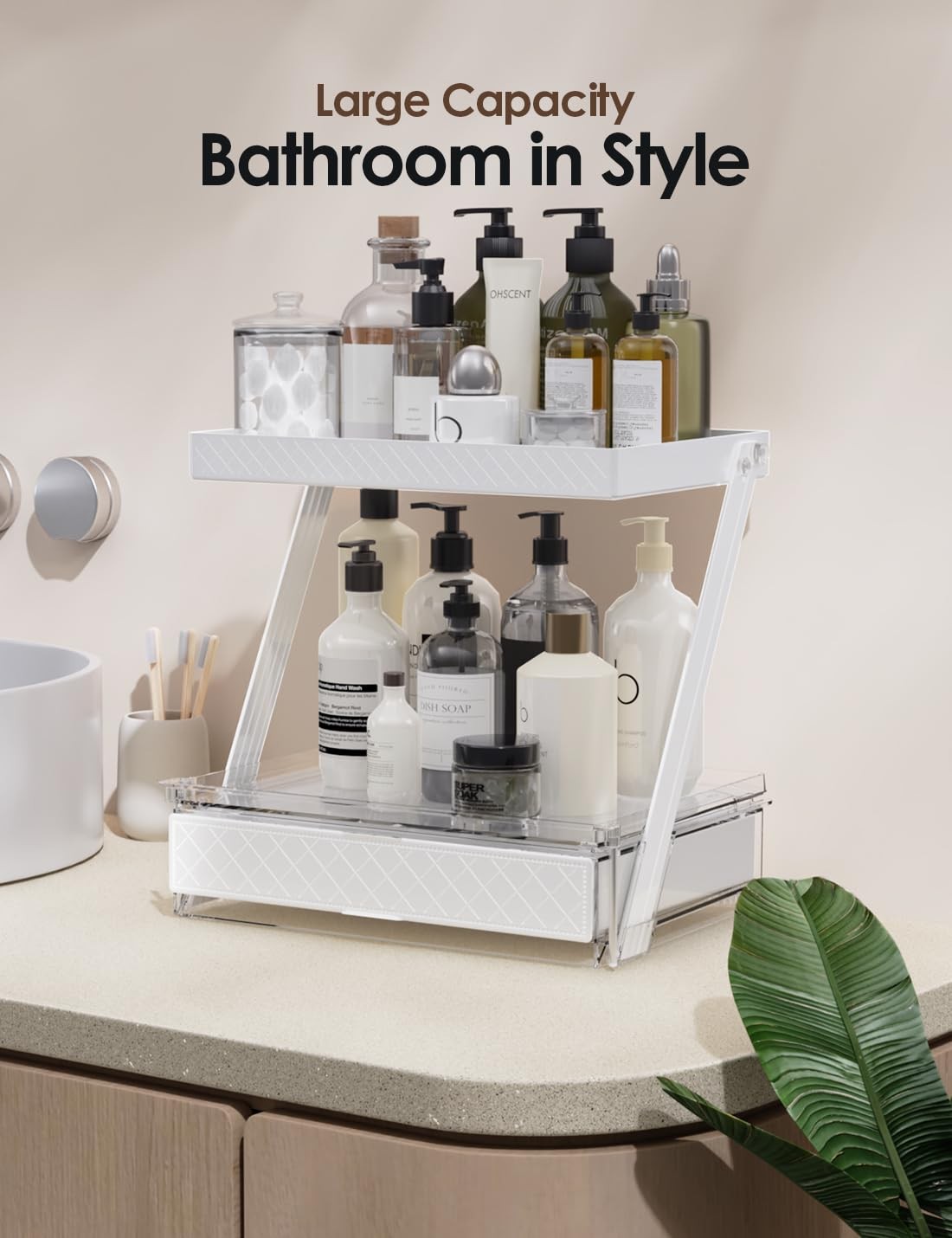 NEATORA 2 Tier Bathroom Countertop Organizer, Z-Shaped Vanity Organizer White