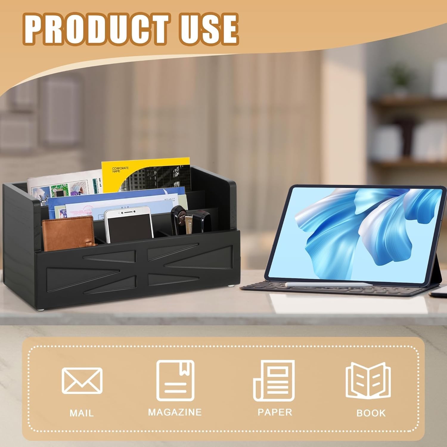 Black Wood Mail Organizer Countertop Sorter For Desk Rustic Bill Storage