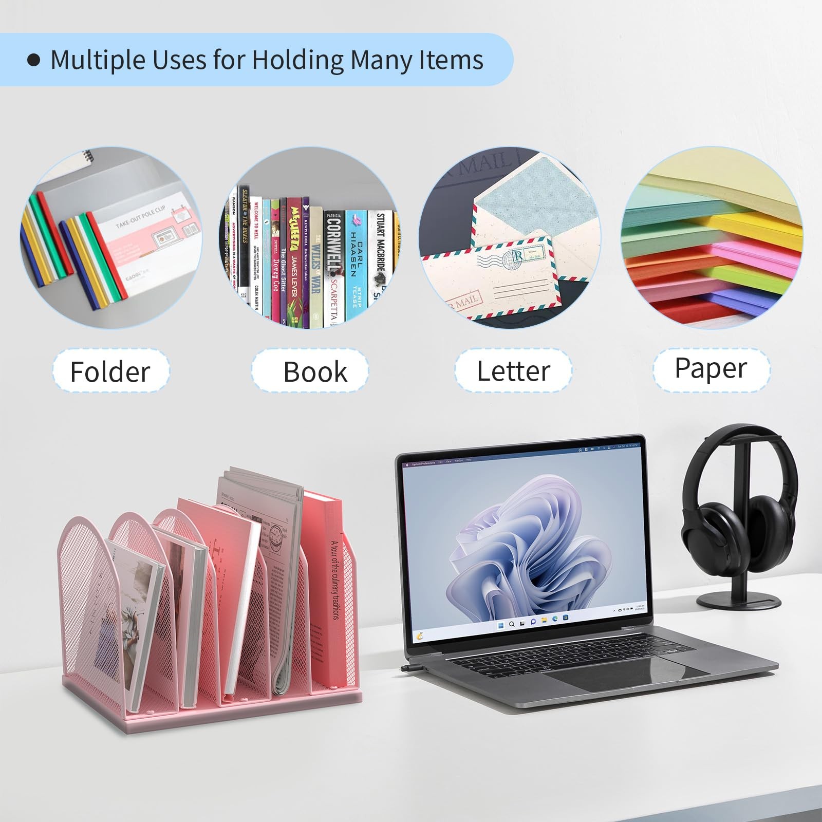 5Section Vertical Desktop Organizer Mesh File Folder Stand Sorter Pink Office