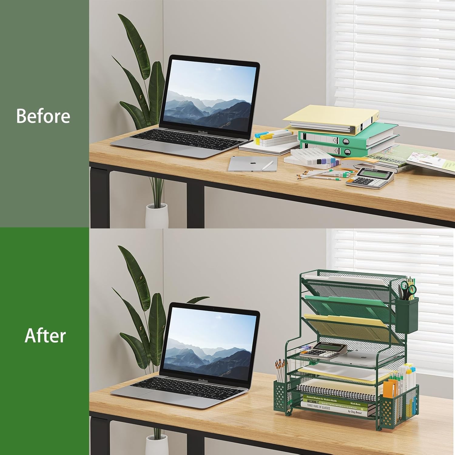 Multifunctional Desk Organizer with 7 Tiers for Papers and Office Supplies Green
