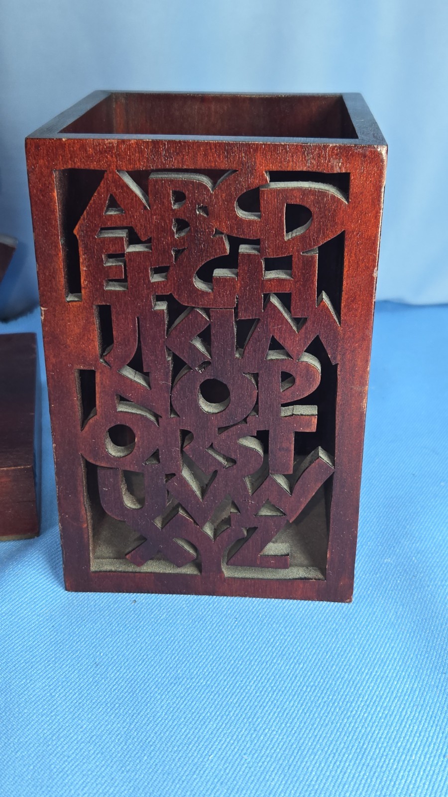 Alphabet Carved Wood Desk Library Bookcase Organizer Holder Set Bookends Box Pen
