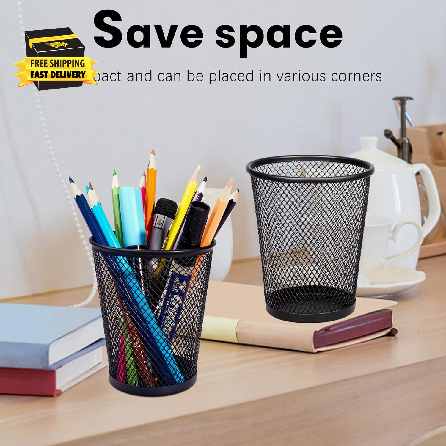Mesh Pencil Holder for Desk 6 Pack, Metal Pen Cup Black | Pen Holder for Desk, D