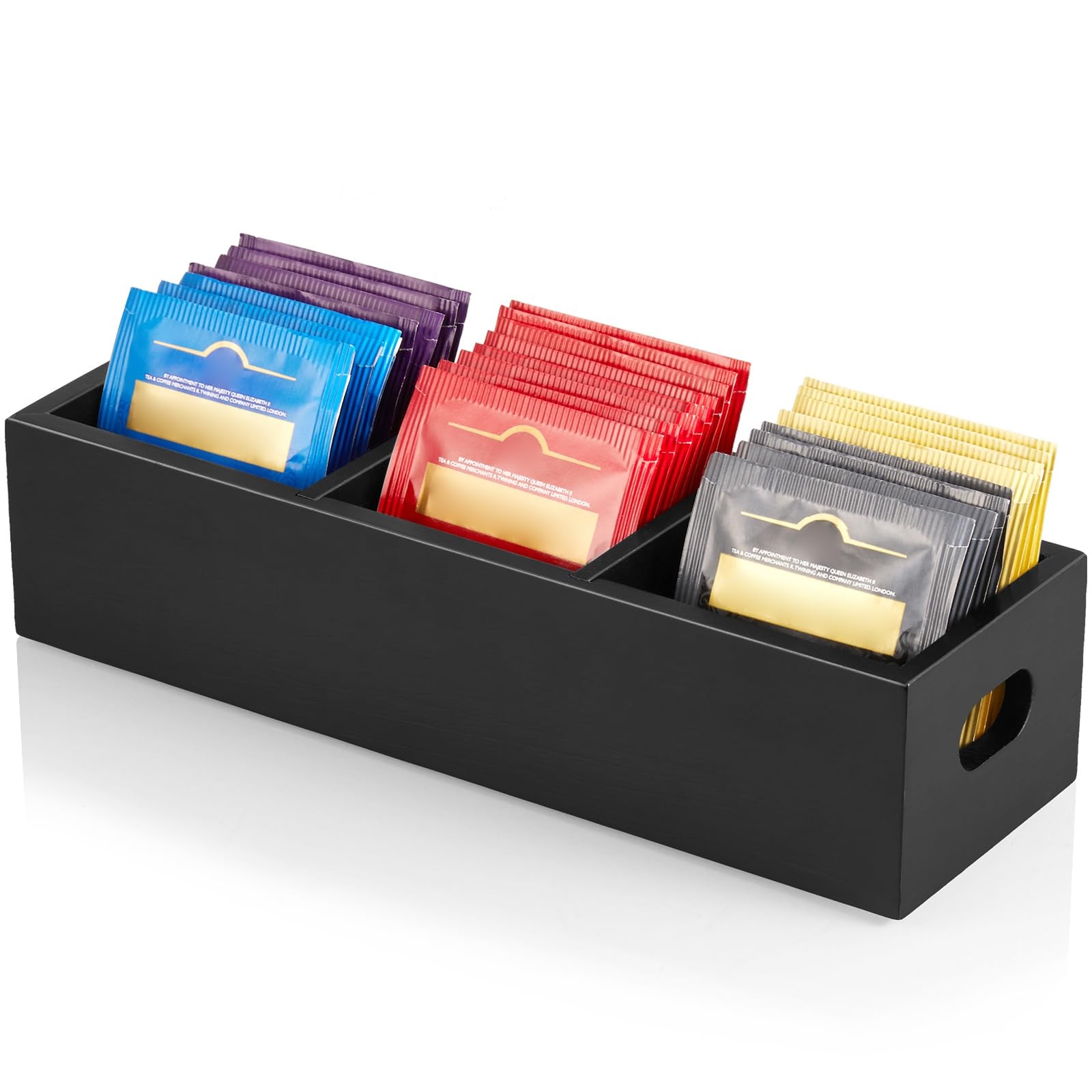 DRASTAR Tea Bag Organizer, Black Wooden Holder, 3 Slots,