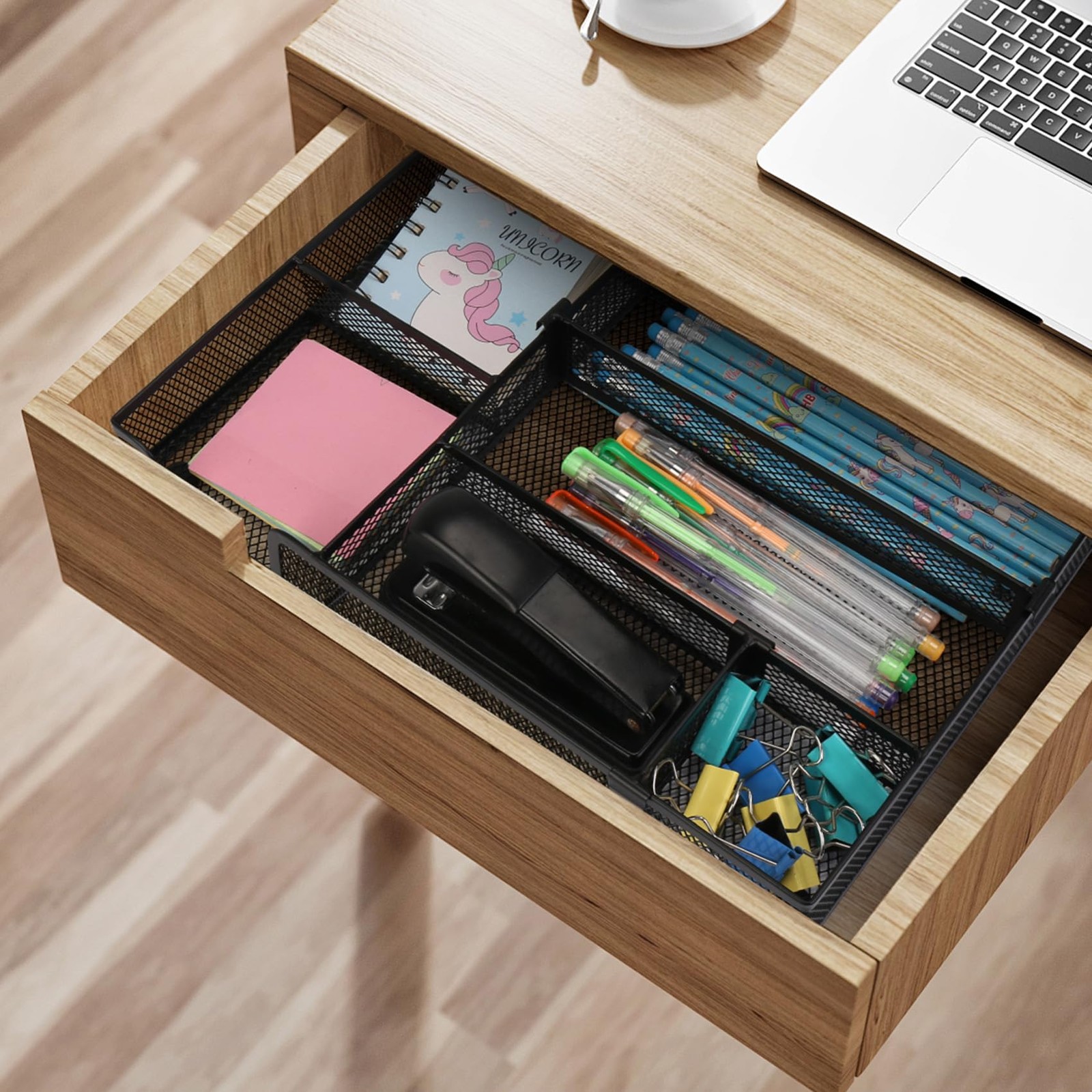 Desk Drawer Organizer Tray with 2 Adjustable Compartments, Metal Mesh Black