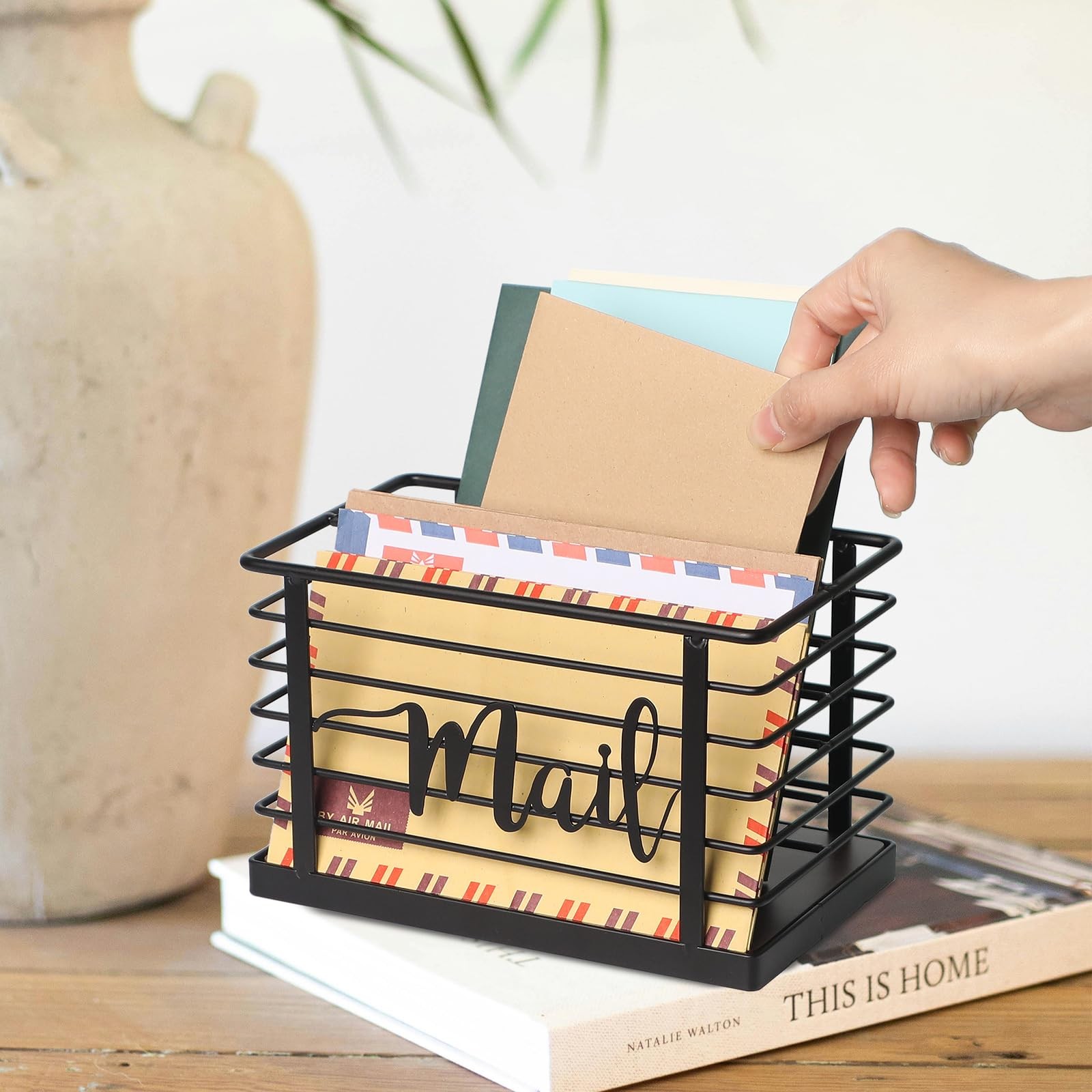 Mail Holder Acacia Wood Metal Mesh Letter Caddy 2Slot Desktop Organizer