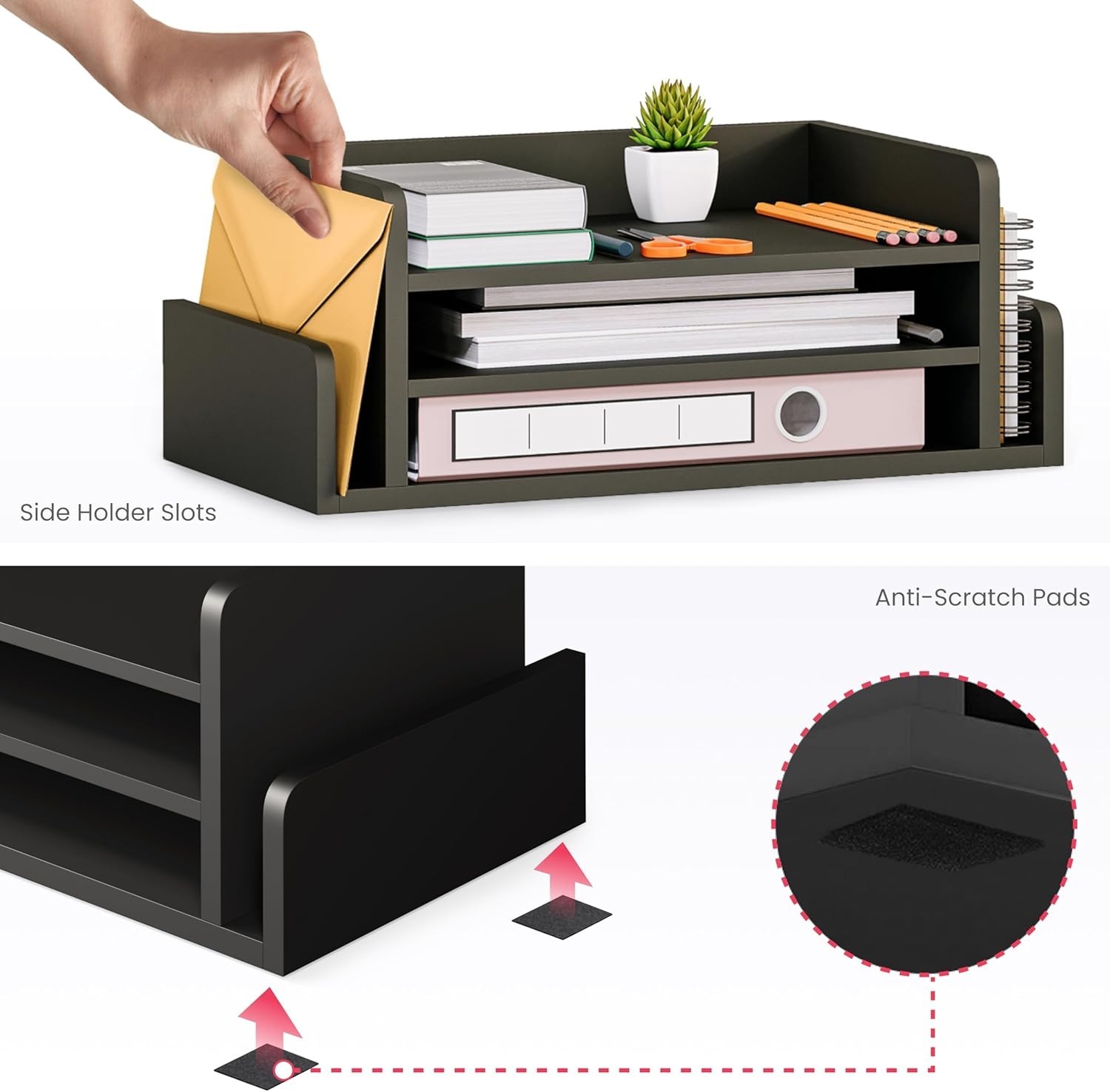 3-Tier Wood Desk Organizer Letter Tray File Holder w/ 2 Mail Slots Black