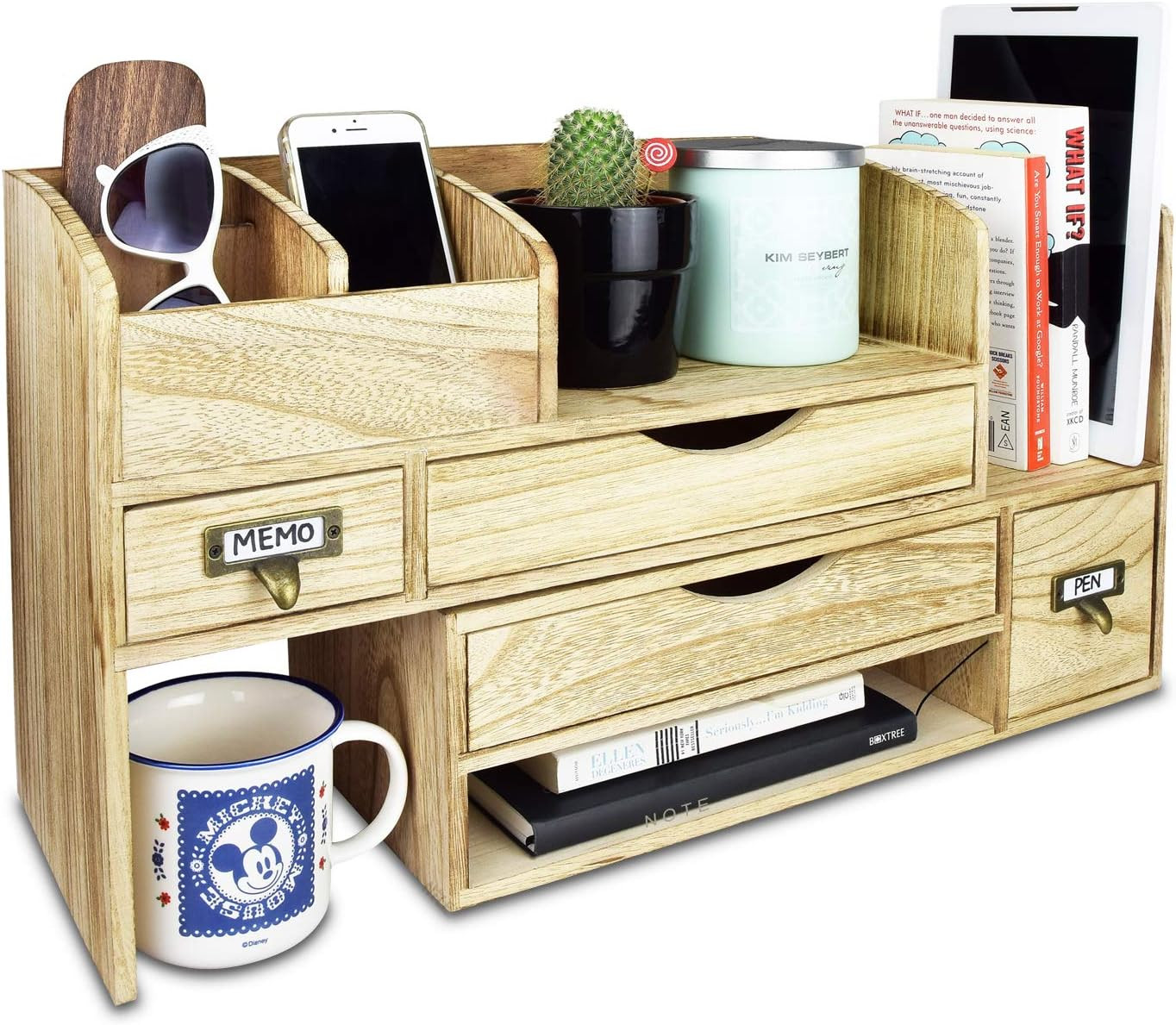 Large Extendable Wooden Desktop Organizer for Office Supplies, Storage Shelf Rac