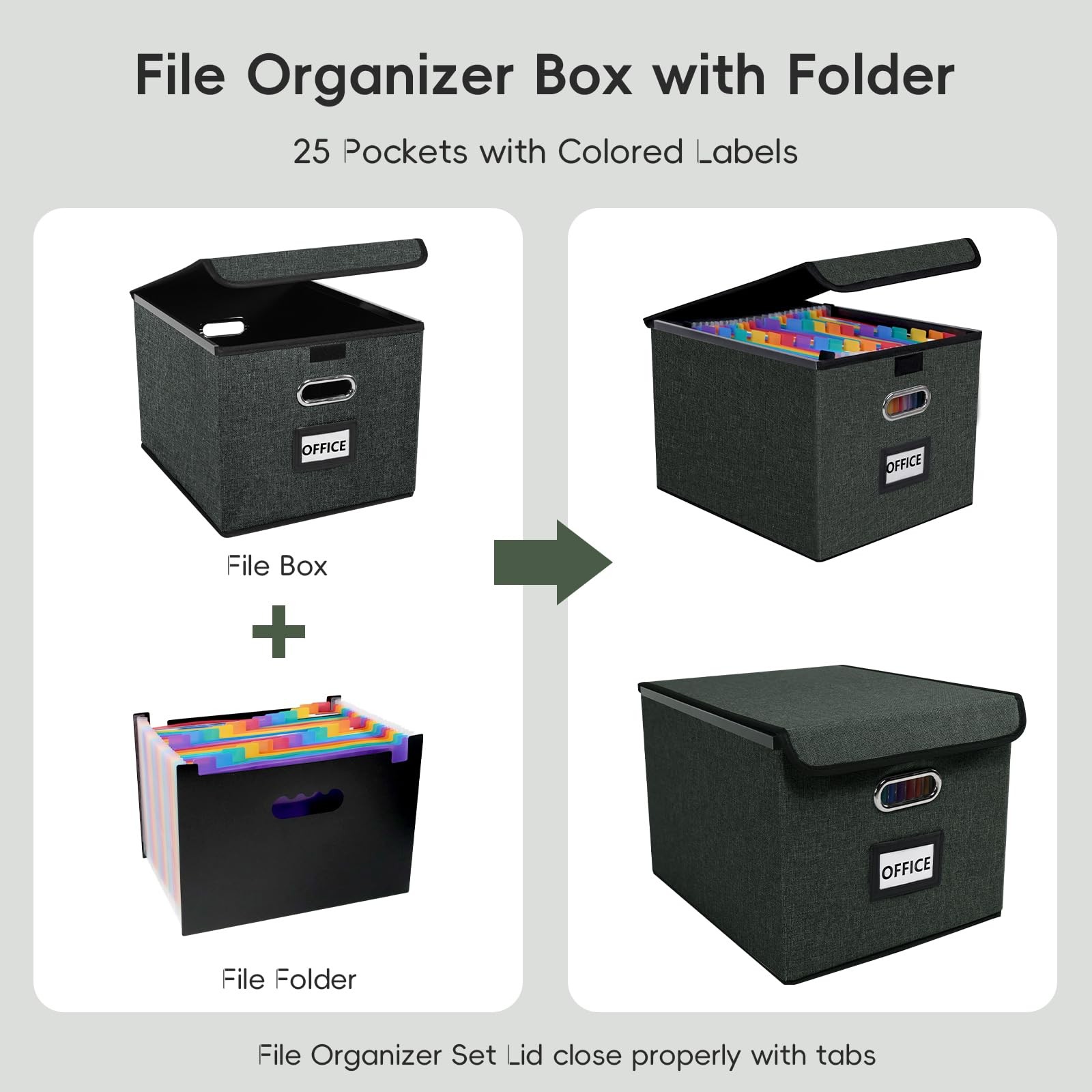 Fuonsyn File Organizer Box with 15.4 x 12.6 x 10.6 inches, Dark Grey