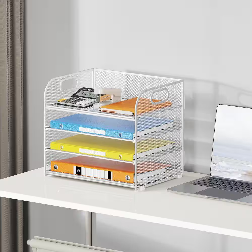 7.5 in X 12.8 in White Metal Organizer for Desk, 4-Tier Desk Organizer Tray, Mes