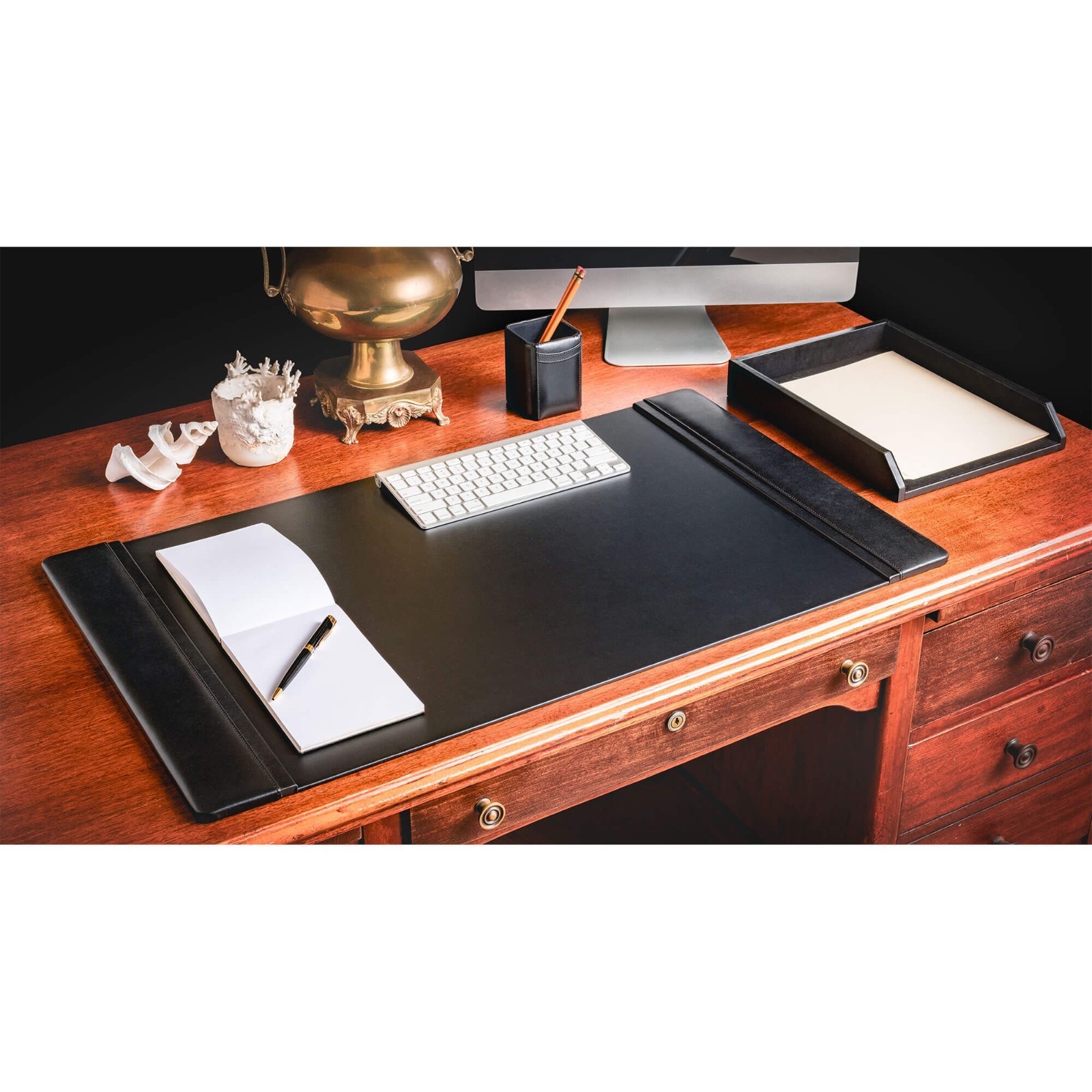 Dacasso Black Leather 3-Piece Desk Set, 3-PCs, 34″ x 20″ / NEW