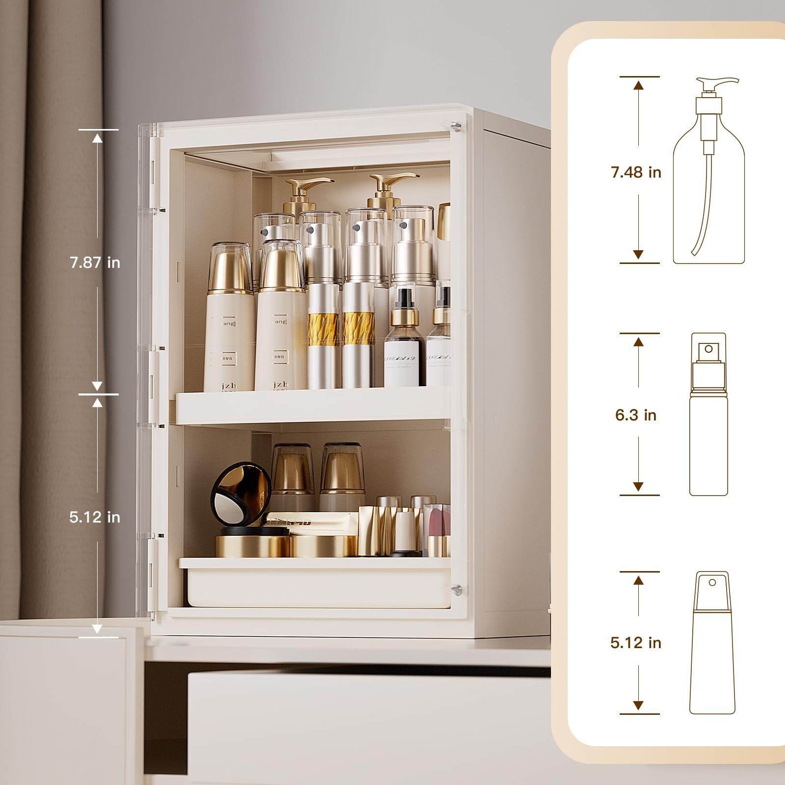 AERCIINC Makeup Organizer with Drawers and Lid, 9.9”L × 7.3”W × 7.9”H, White
