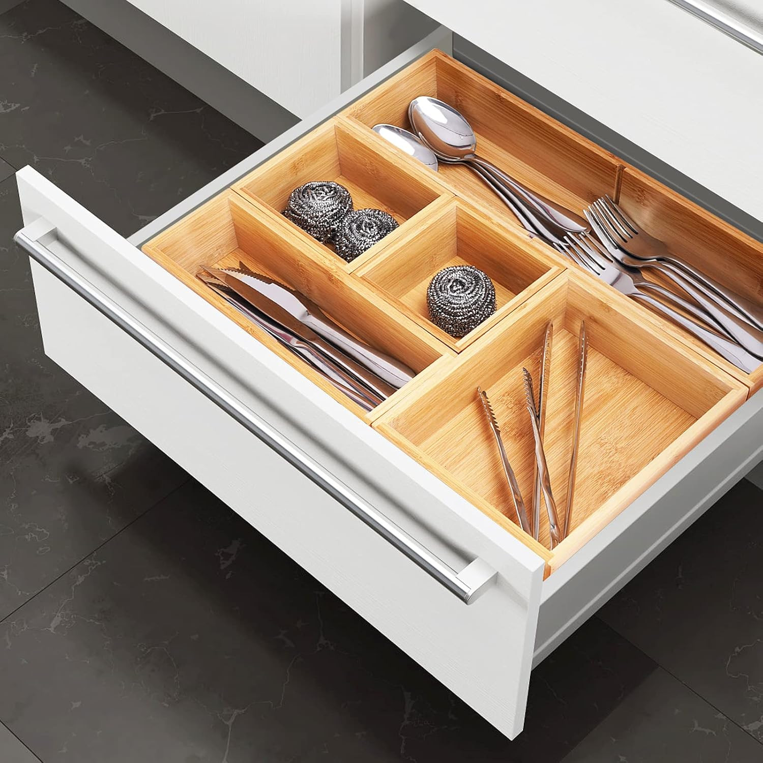 Bamboo Drawer Organizer Boxes Set of 5 for Bathroom Vanity Desk Kitchen
