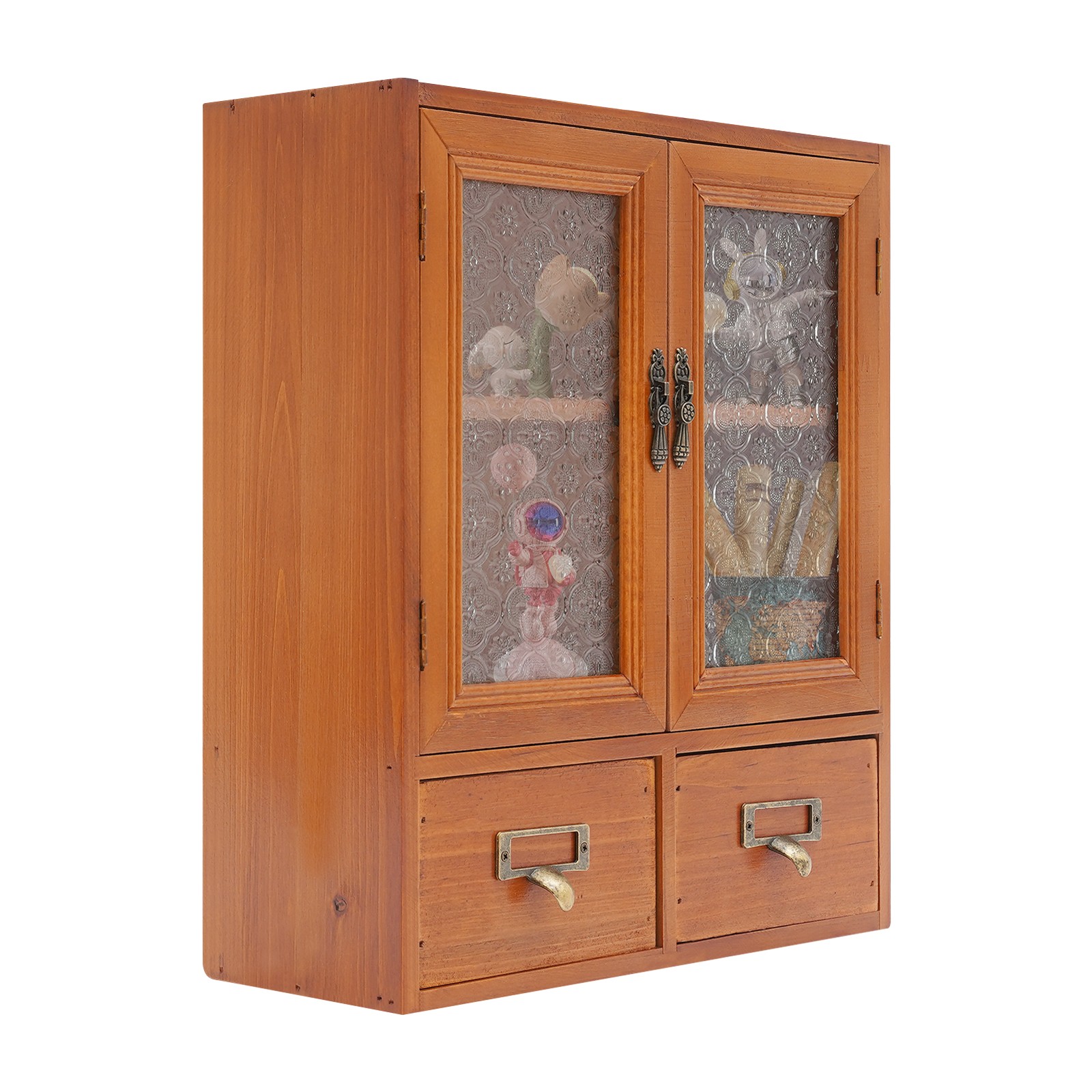 Vintage Tabletop Organizer with 2 Drawers & Glass Door Storage Cabinet Brown