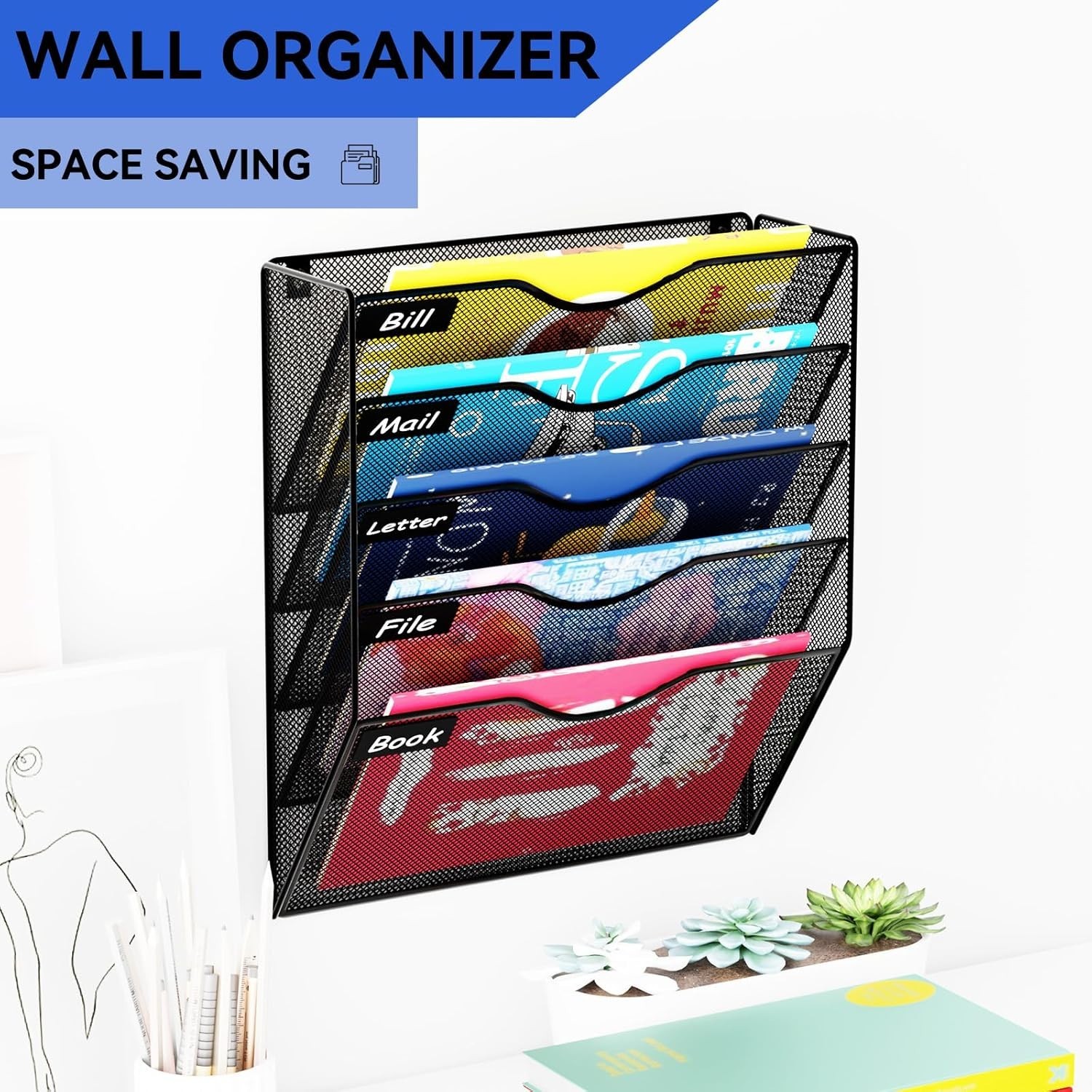 5 Pockets Mesh Hanging Wall File Holder Organizer Wall Mounted Paper Magazine…