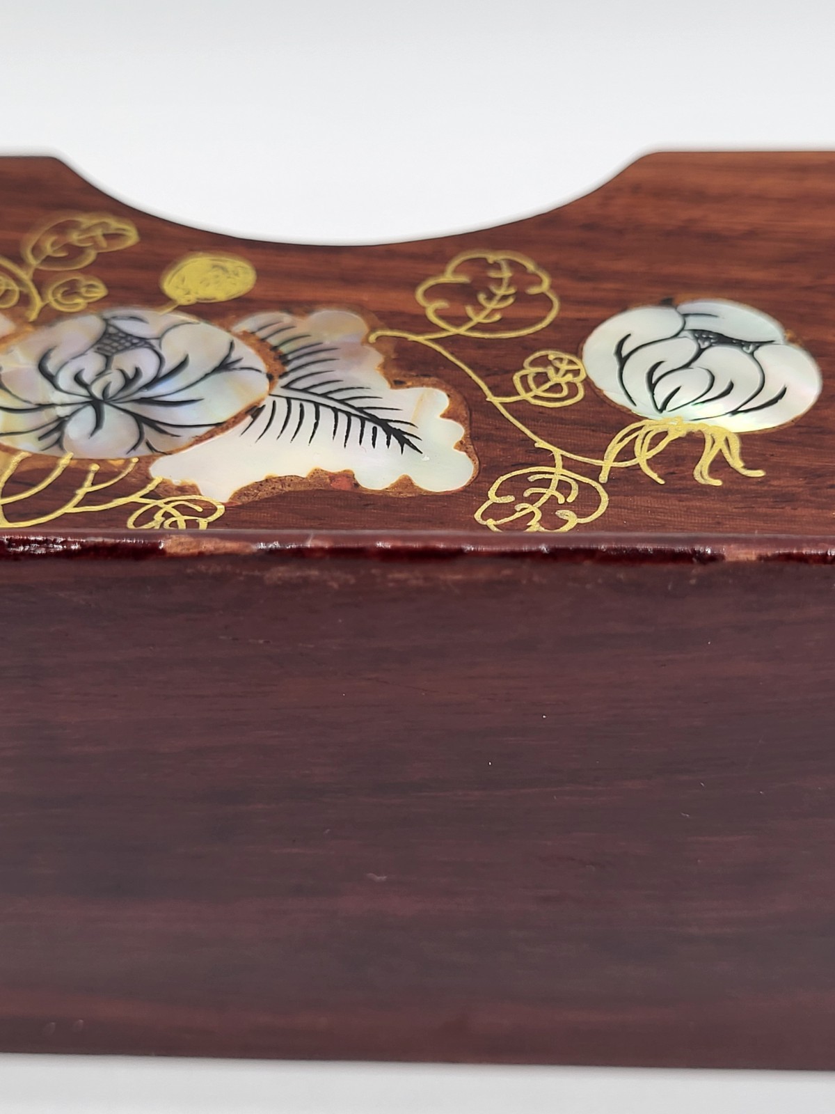 Vintage Pen & Business Card Holder Lacquer Wood w/ Floral Mother-Of-Pearl Inlay
