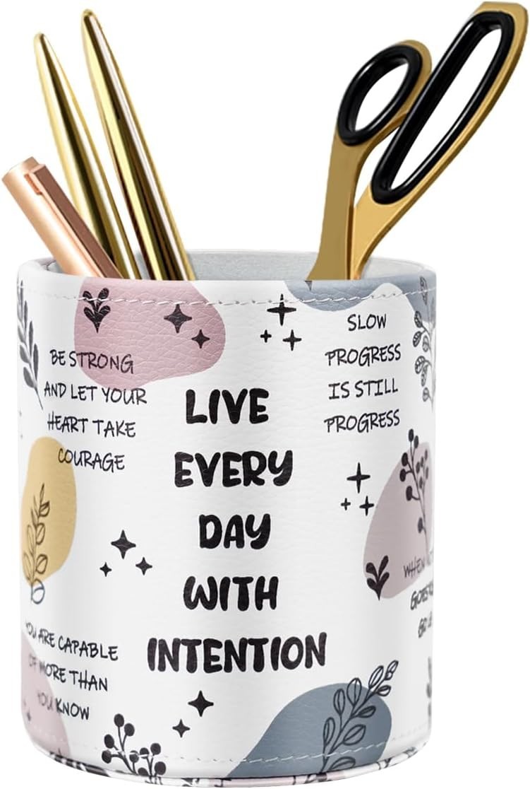 Pen Holder Cute, Pencil Cup, Makeup Brush Holder, Multi-Functional Round Leather