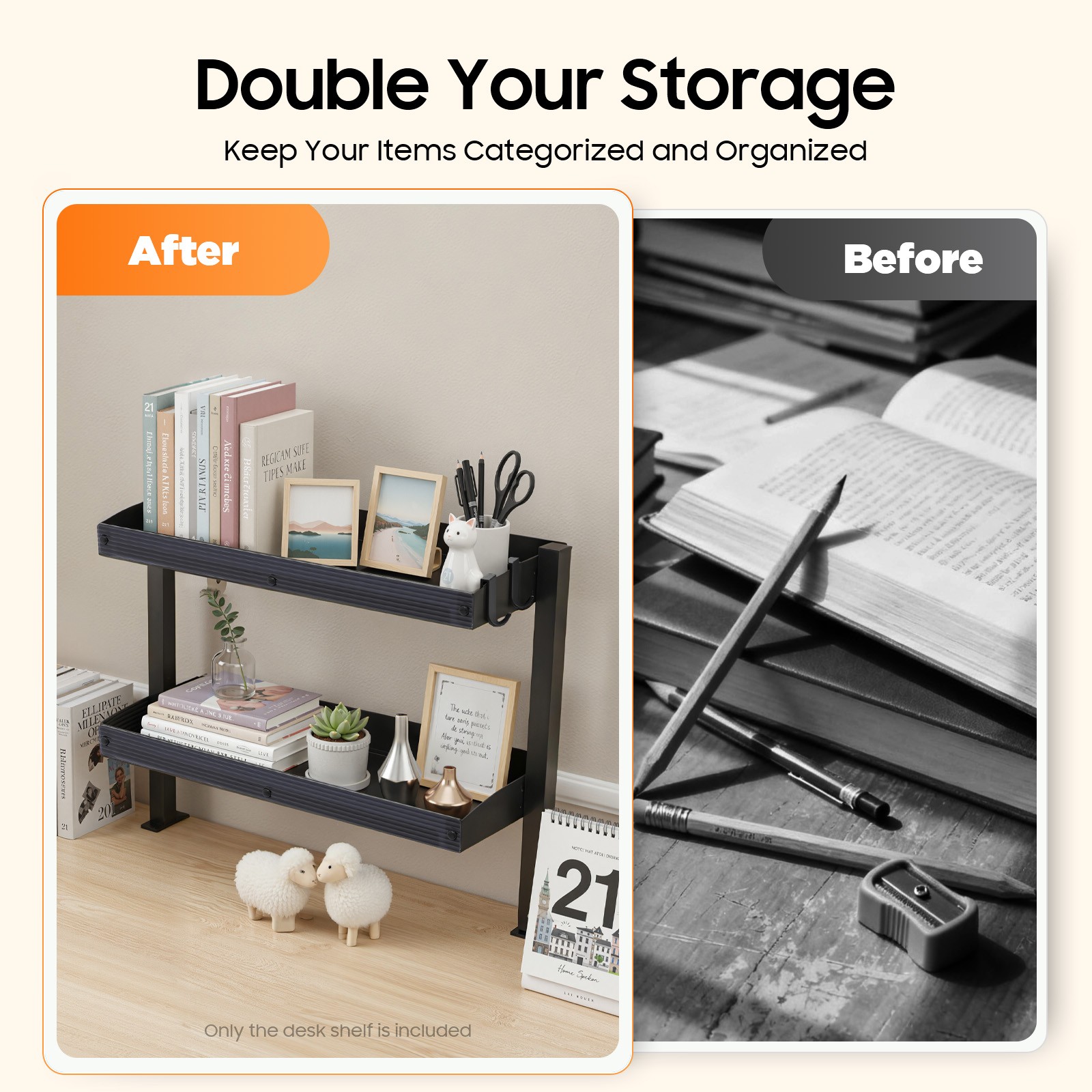 2Tier Clip-on Desktop Organizer Desk Shelf w/Adjustable Storage Tray Home Office