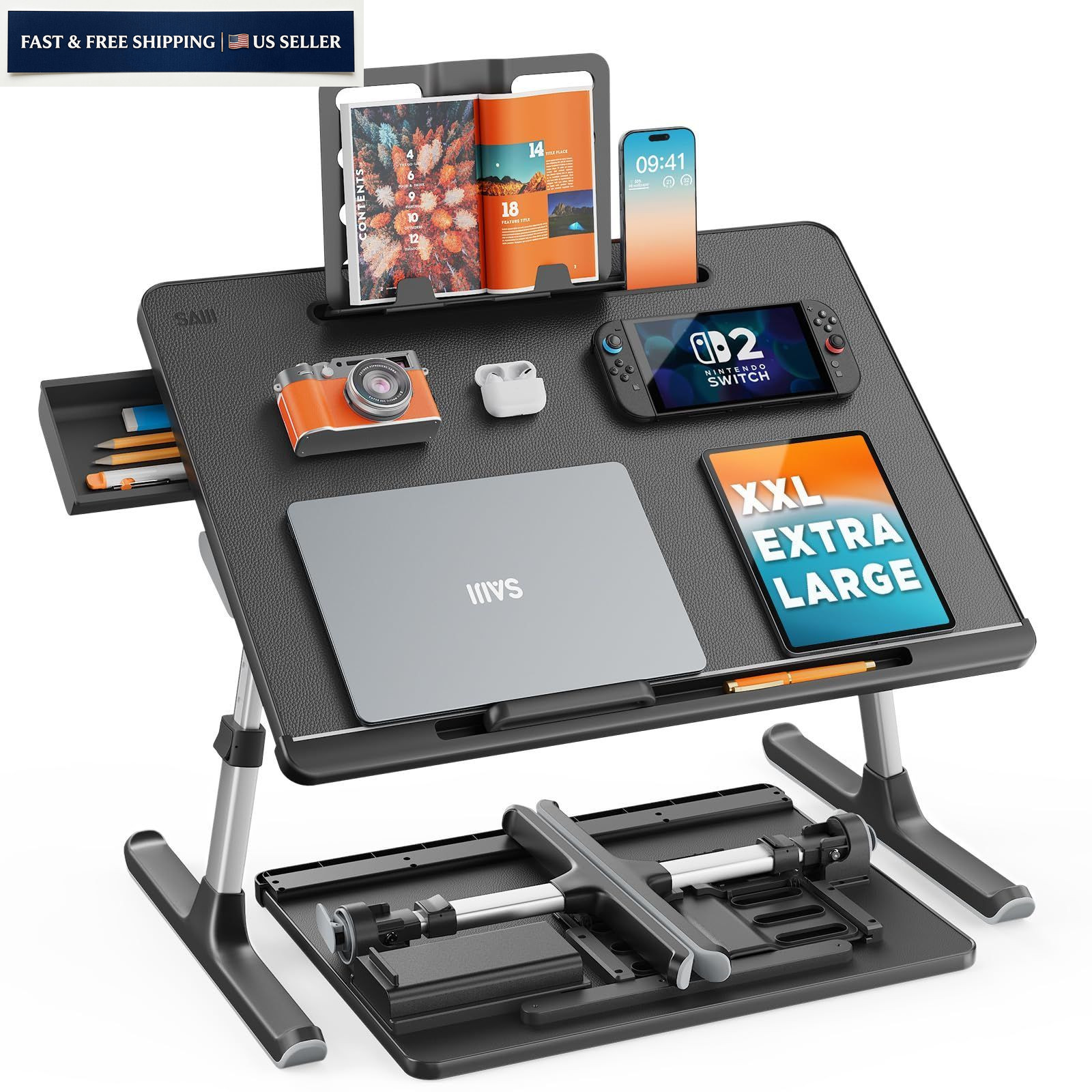 Laptop Bed Tray Desk, SAIJI X-Large Adjustable Table, 60*45CM, Black