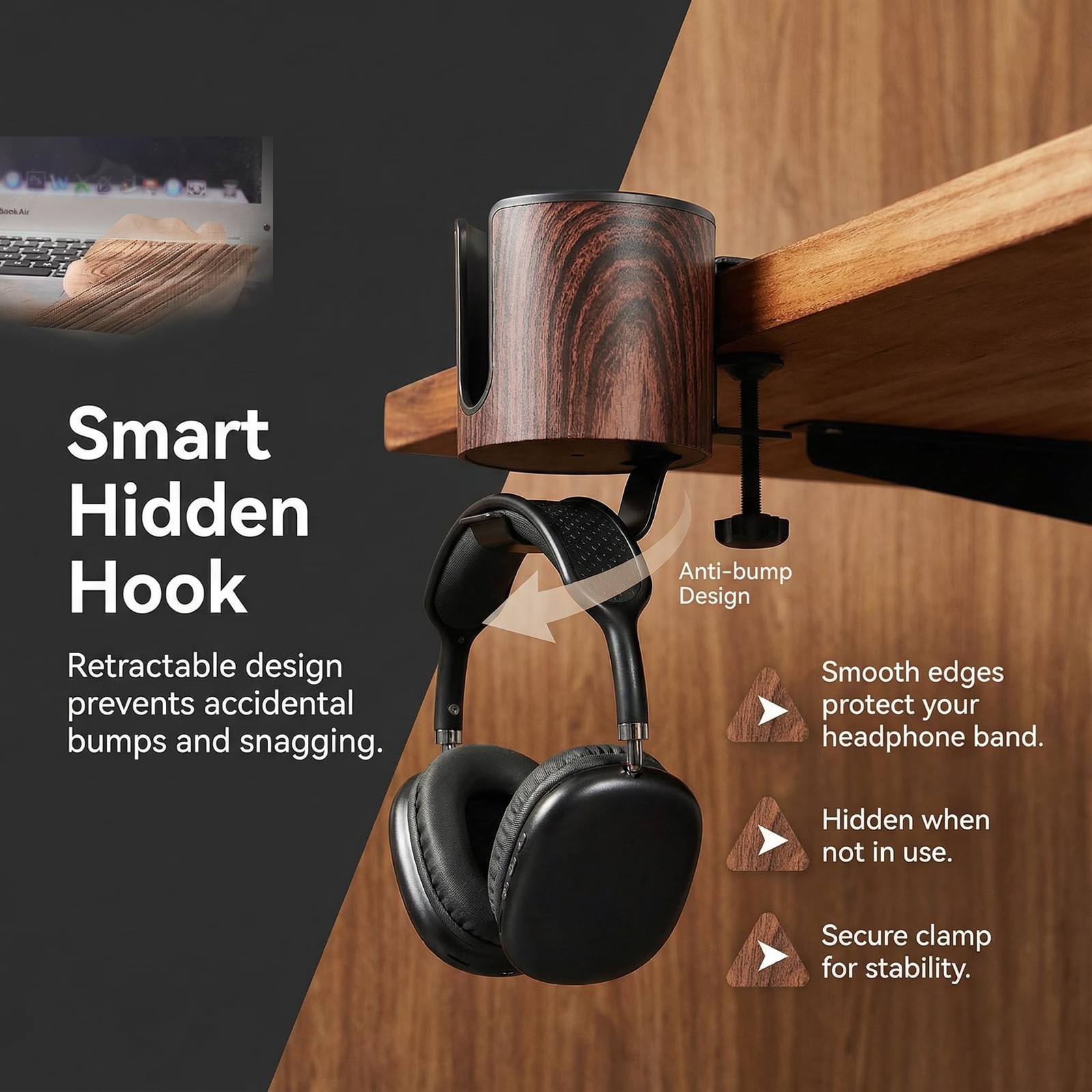 Luxury 2in1 Desk Cup Holder Headphone Hanger Office Gaming Wooden Design