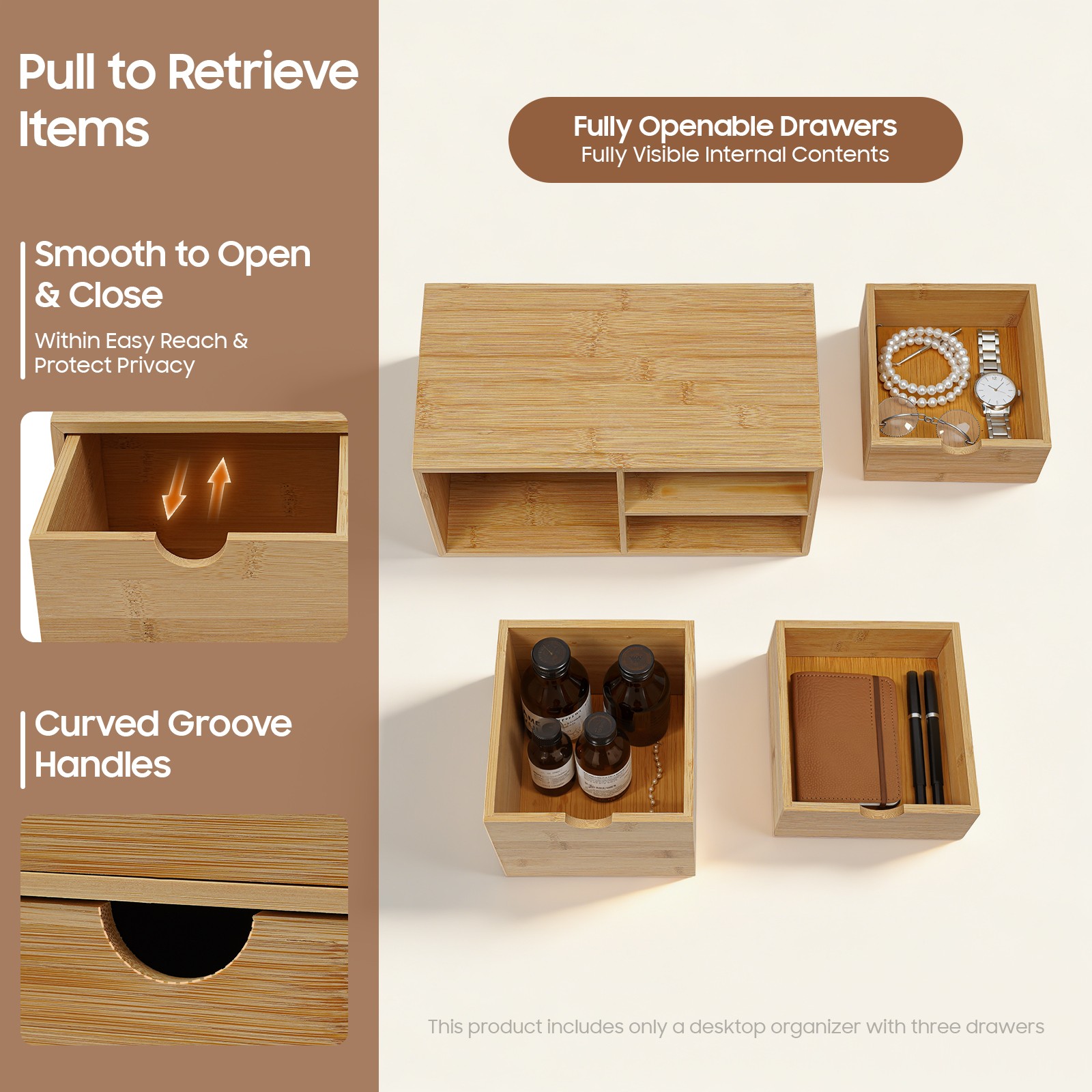 Bamboo Desk Organizer Drawer Tabletop Storage Organization Box Home