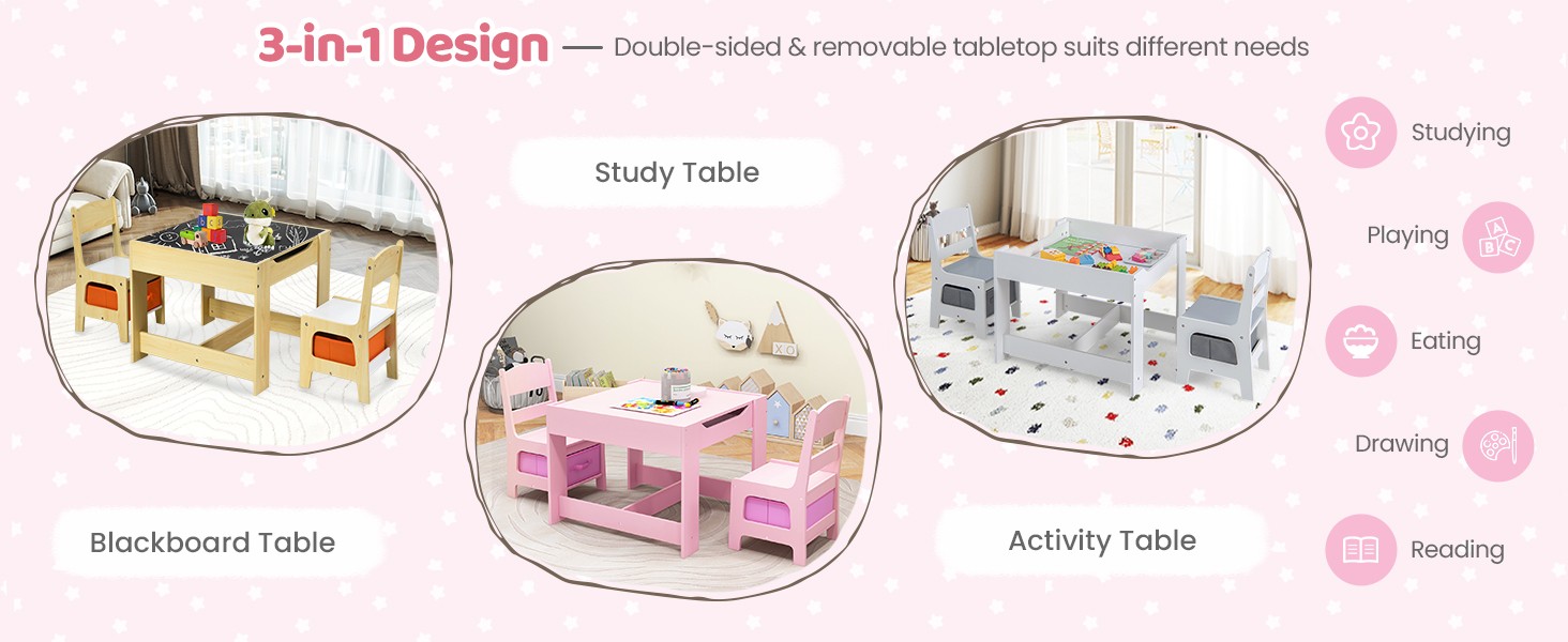 Kids Table and Chair, 3 in 1 Wooden Kids Table with Stora Der,