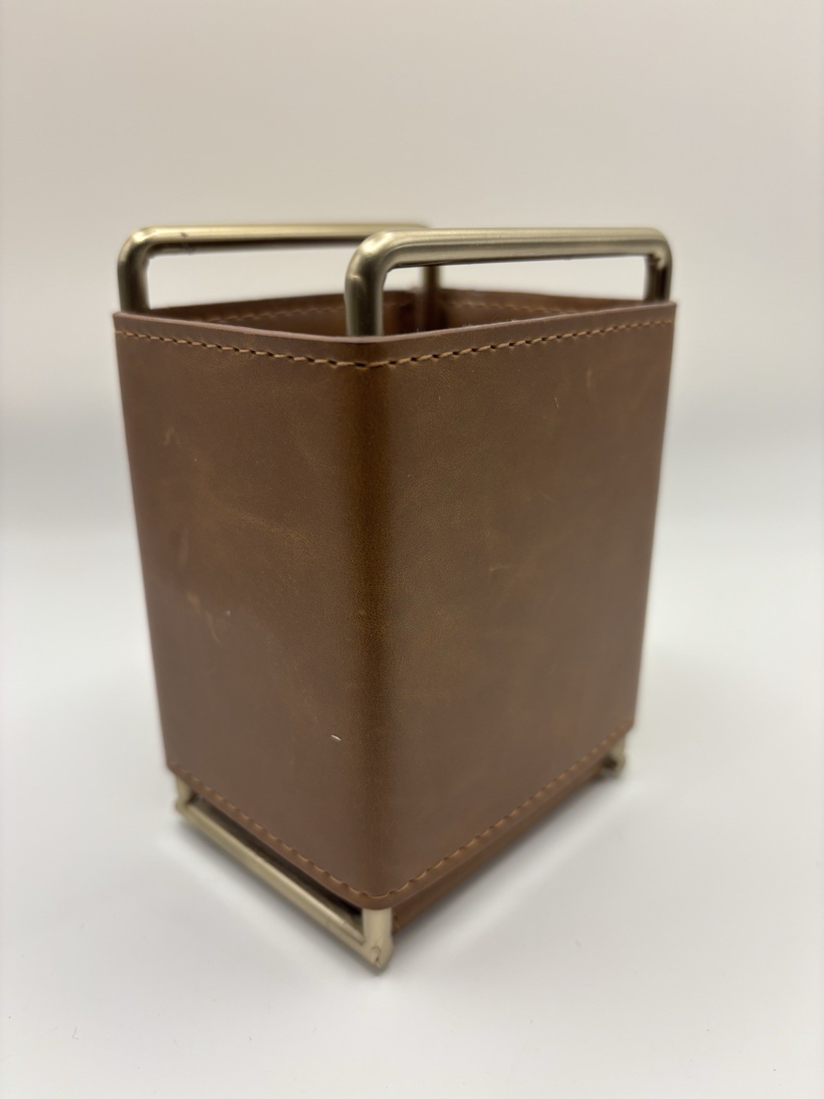 West Elm Leather & Brass Pencil Cup Desk Organizer – Mid-Century Modern – NWT