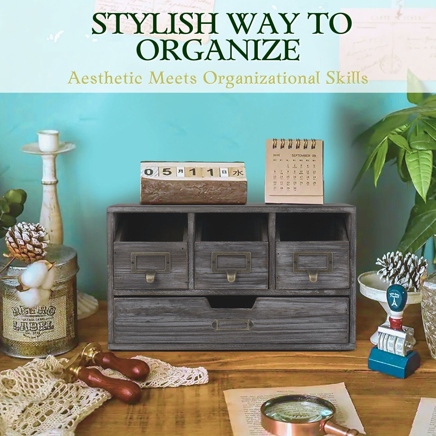 4 Drawer Wooden Desk Organizers – Vintage Rustic Apothecary Wood Desktop Storage