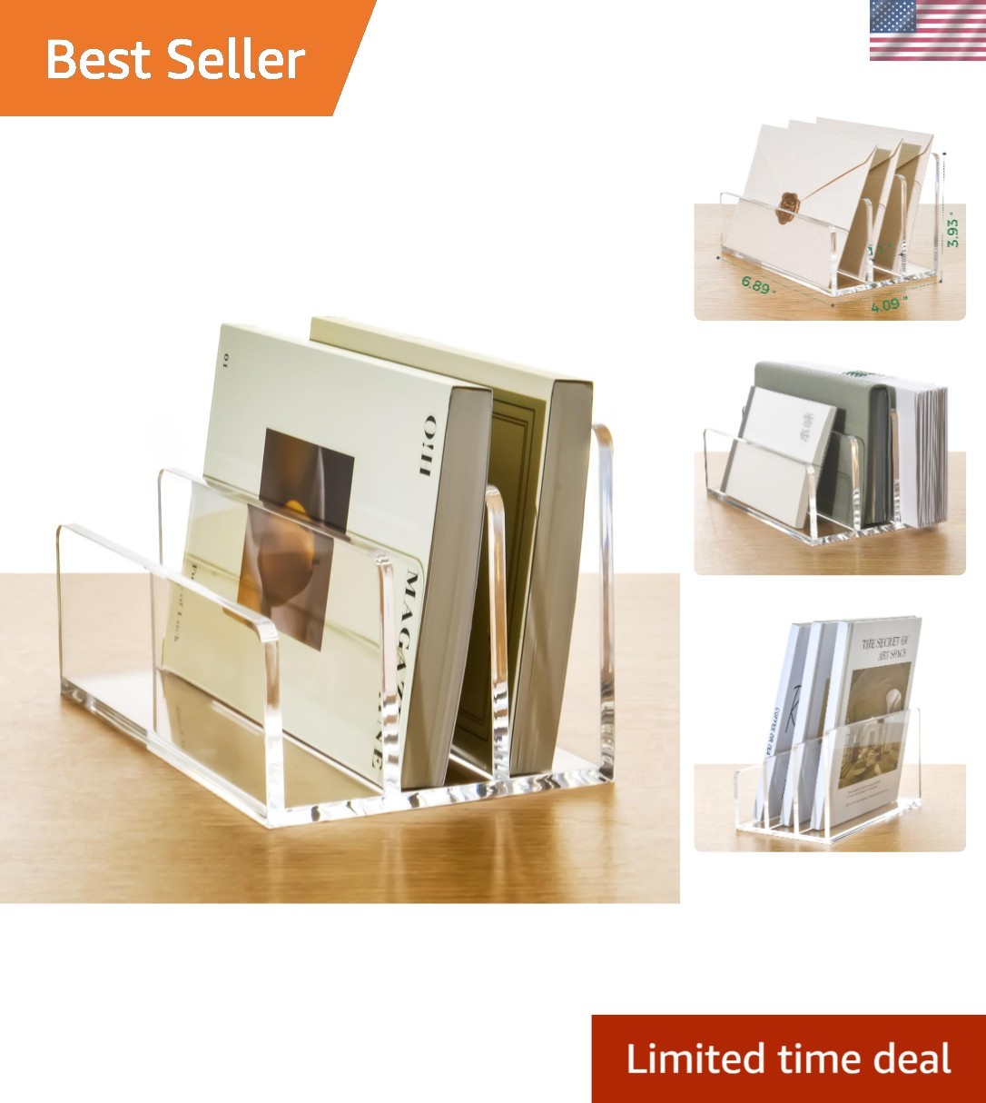 Space-Saving Acrylic Mail Organizer with 3 Vertical Compartments for Easy Access