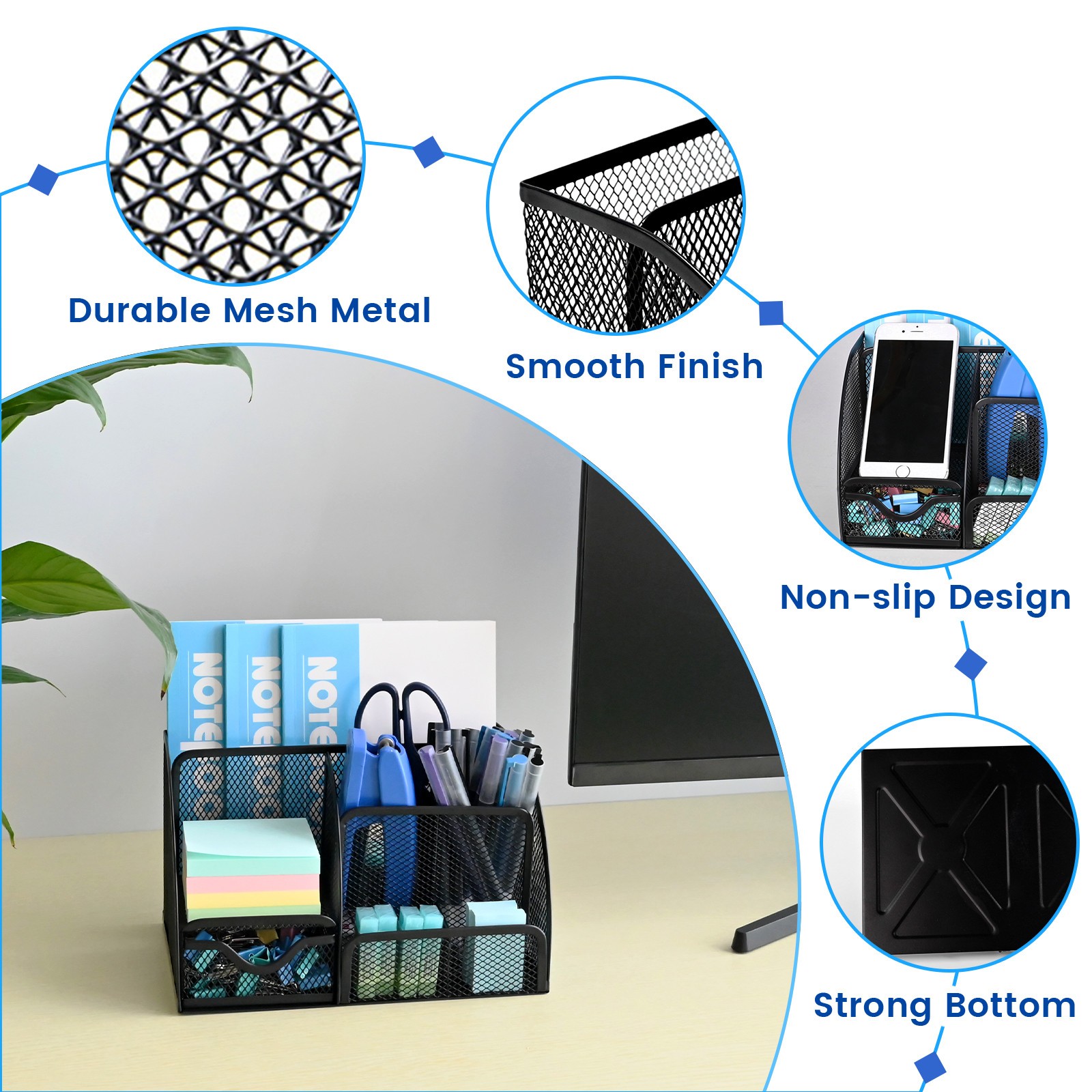 Metal Mesh Desk Organizer Drawer Pen Holder Multi-Functional Office Storage Set