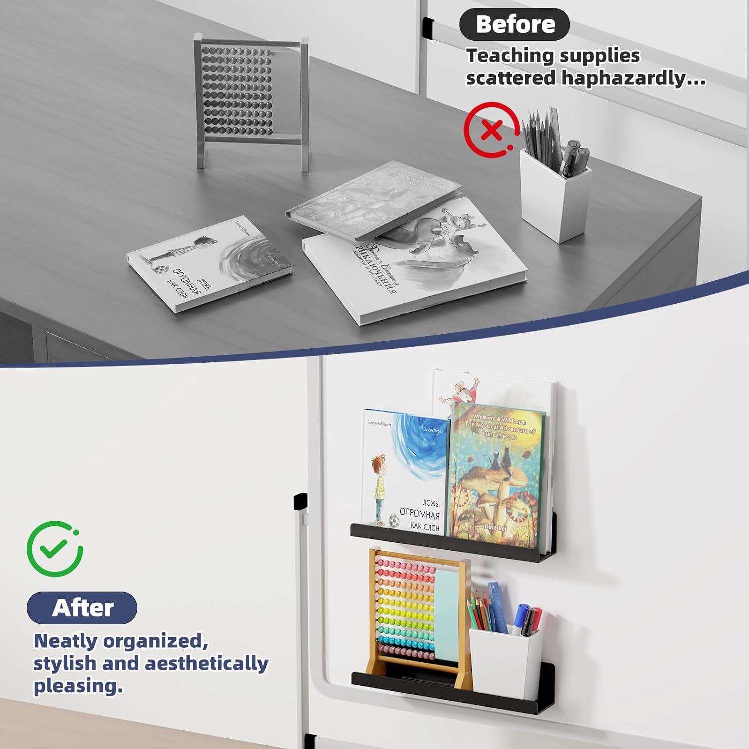 2 Pack Magnetic Book Shelf for Whiteboard, 12 Inch Reusable Acrylic Magnetic She
