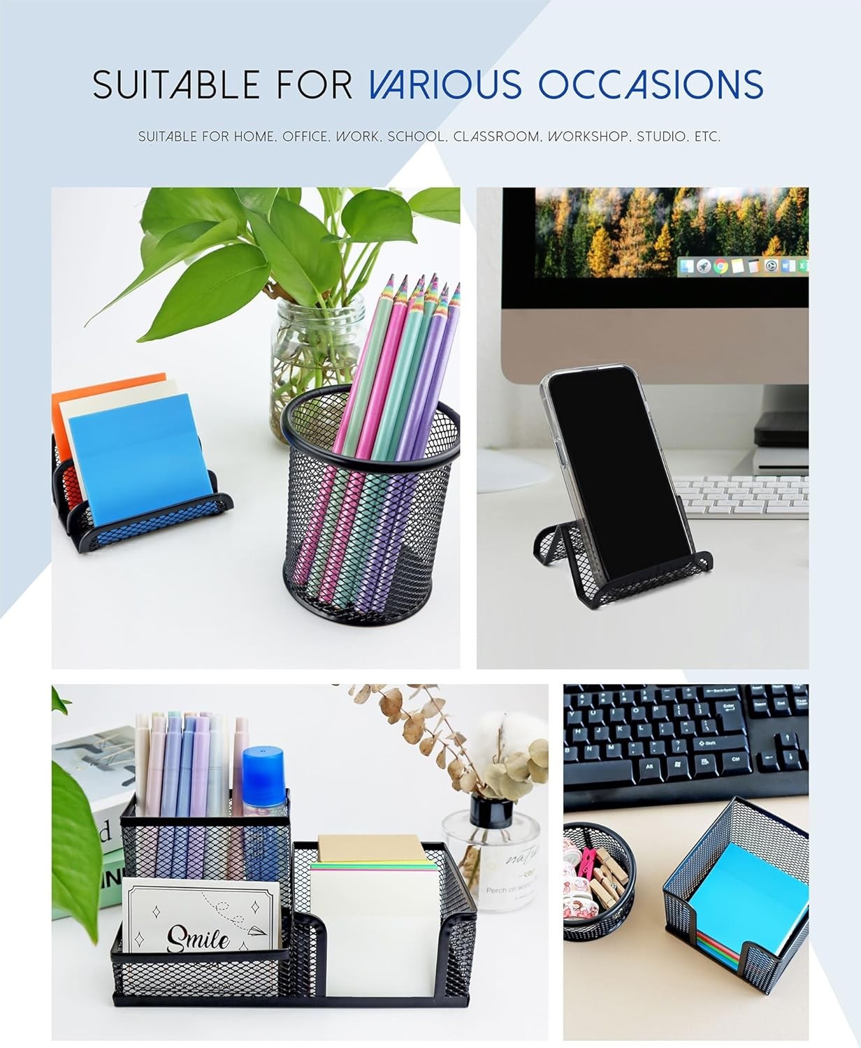 6 Piece Mesh Desk Organizer Set Office Supplies Pen Holder Phone Stand Black Kit
