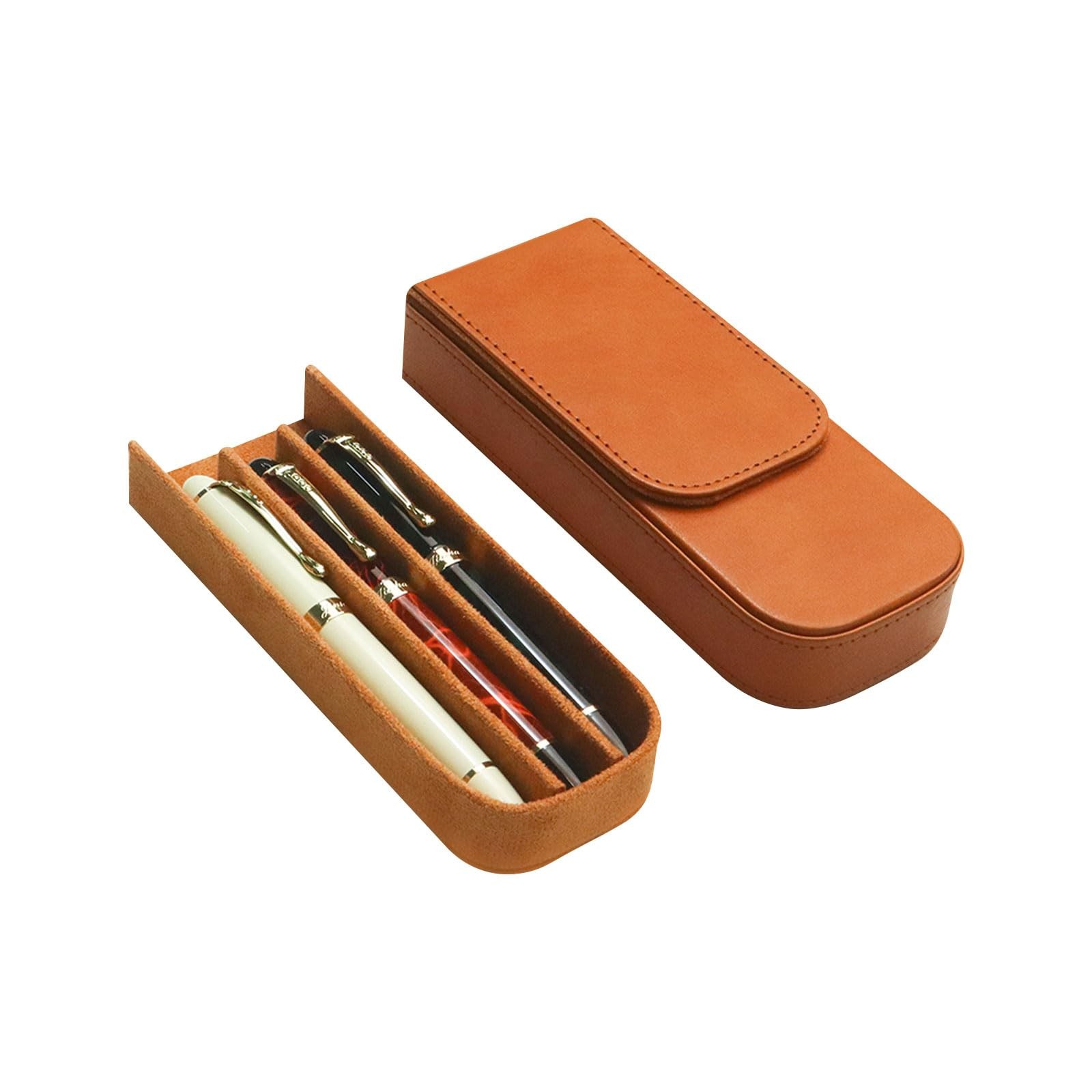 MIVLXLX Brown Leather Triple Pen Case for Fountain, Ballpoint, Rollerball Pens