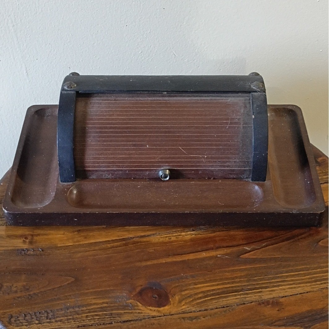 Vintage Wood Roll Top Desk Organizer Tambour Storage Box Pen Tray Rustic Brown