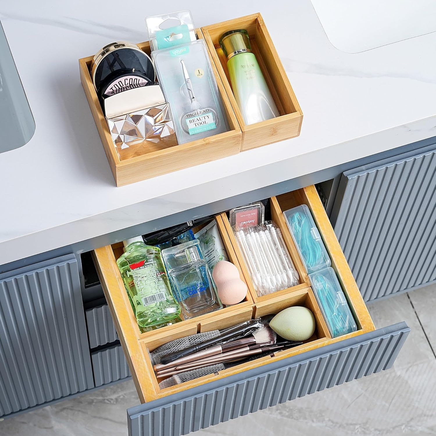 Bamboo Drawer Organizer Set of 9 Wood Storage Boxes for Kitchen Desk Bath