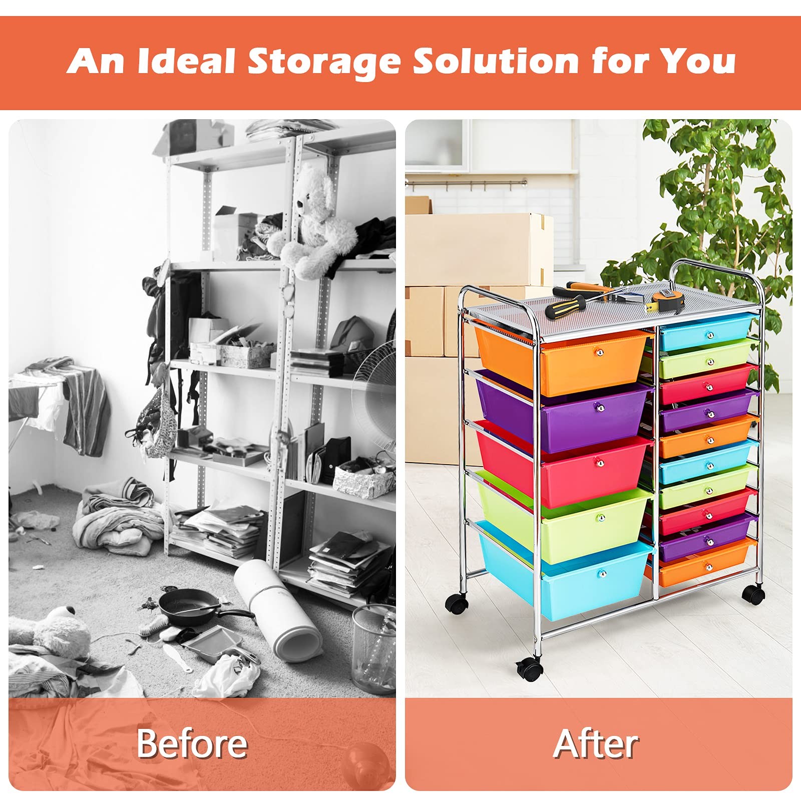 KOTEK 15-Drawer Rolling Storage Cart, Multipurpose Mobile Multicolor-combo2