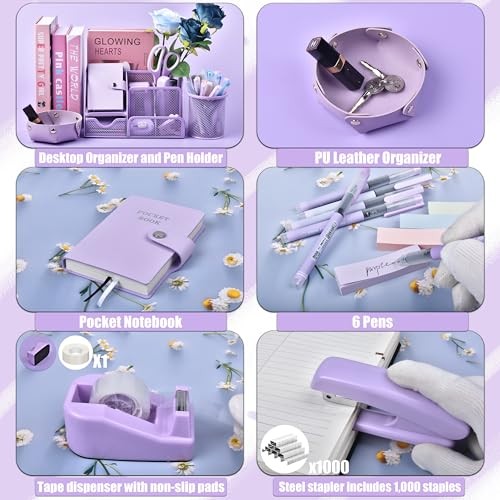 Purple Desk Accessories Set 26-Piece Office Supplies Organizer Stapler Gift Box