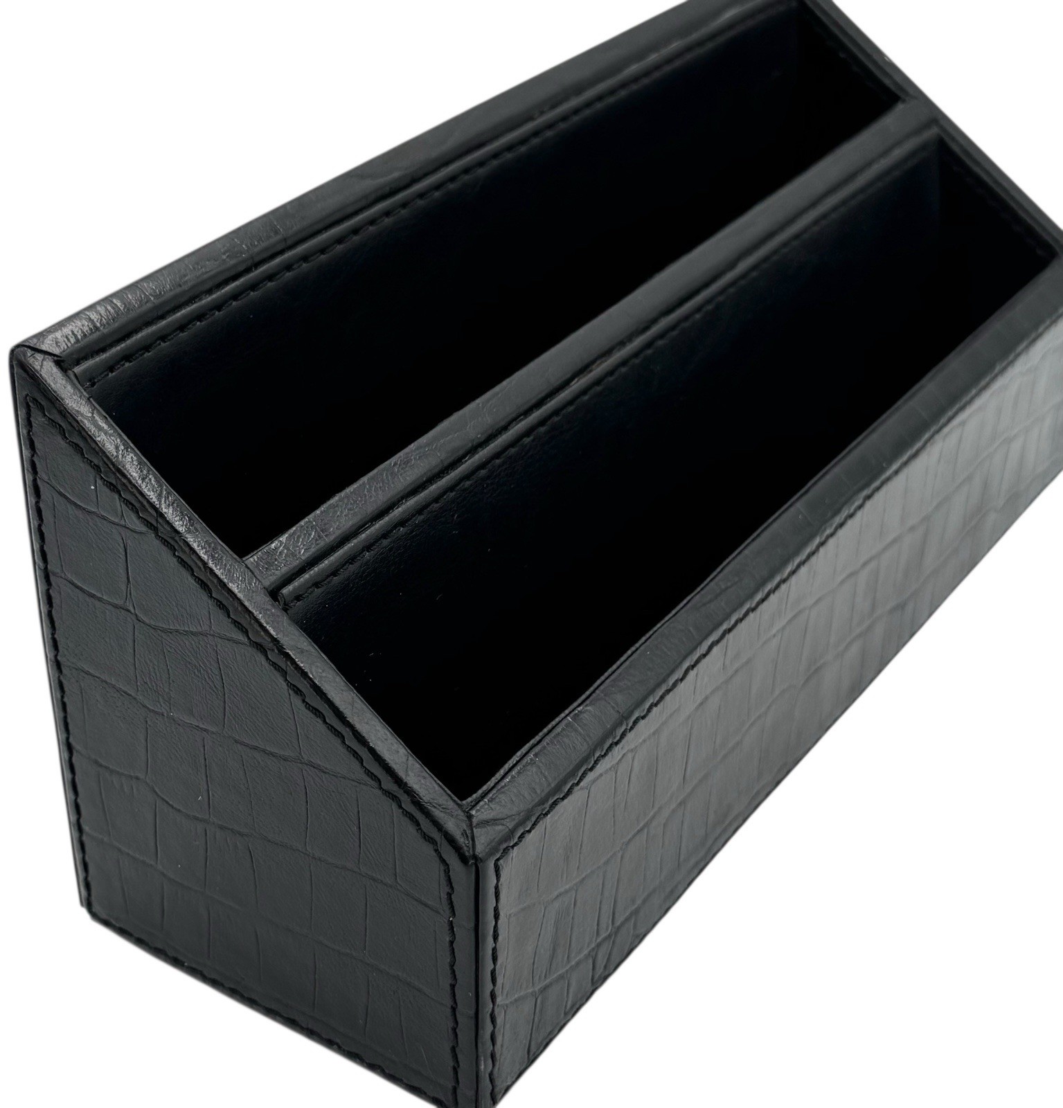 Black Leather Mail Sorter Desk Organizer Croc Embossed Letter File Home Office
