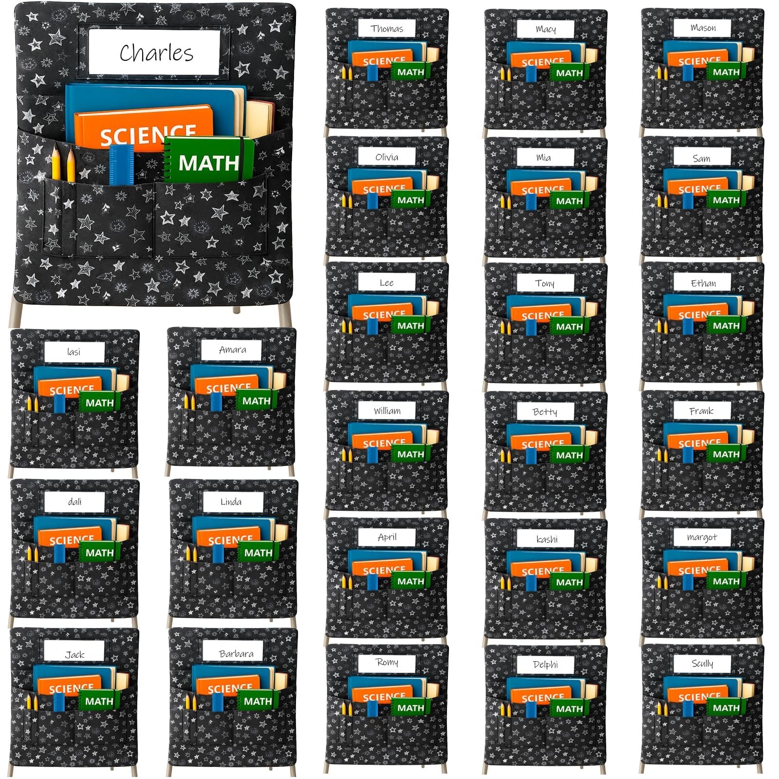 25 PCS Chair Pockets for Classroom Chairs, 15″W x 19″H Seat Sacks with 5 Pock…