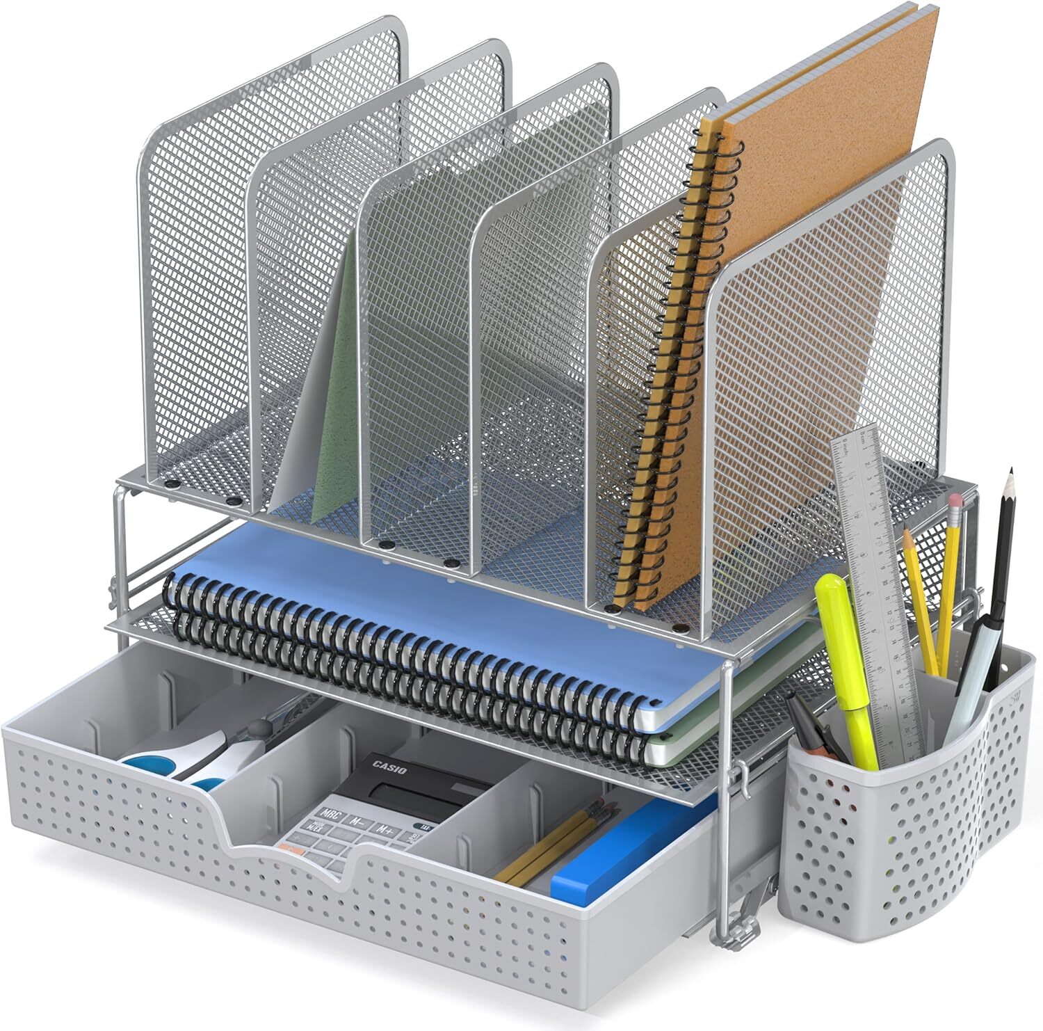 Mesh Desk Organizer with Sliding Drawer, Double Tray & 5 Upright Sections-Silver